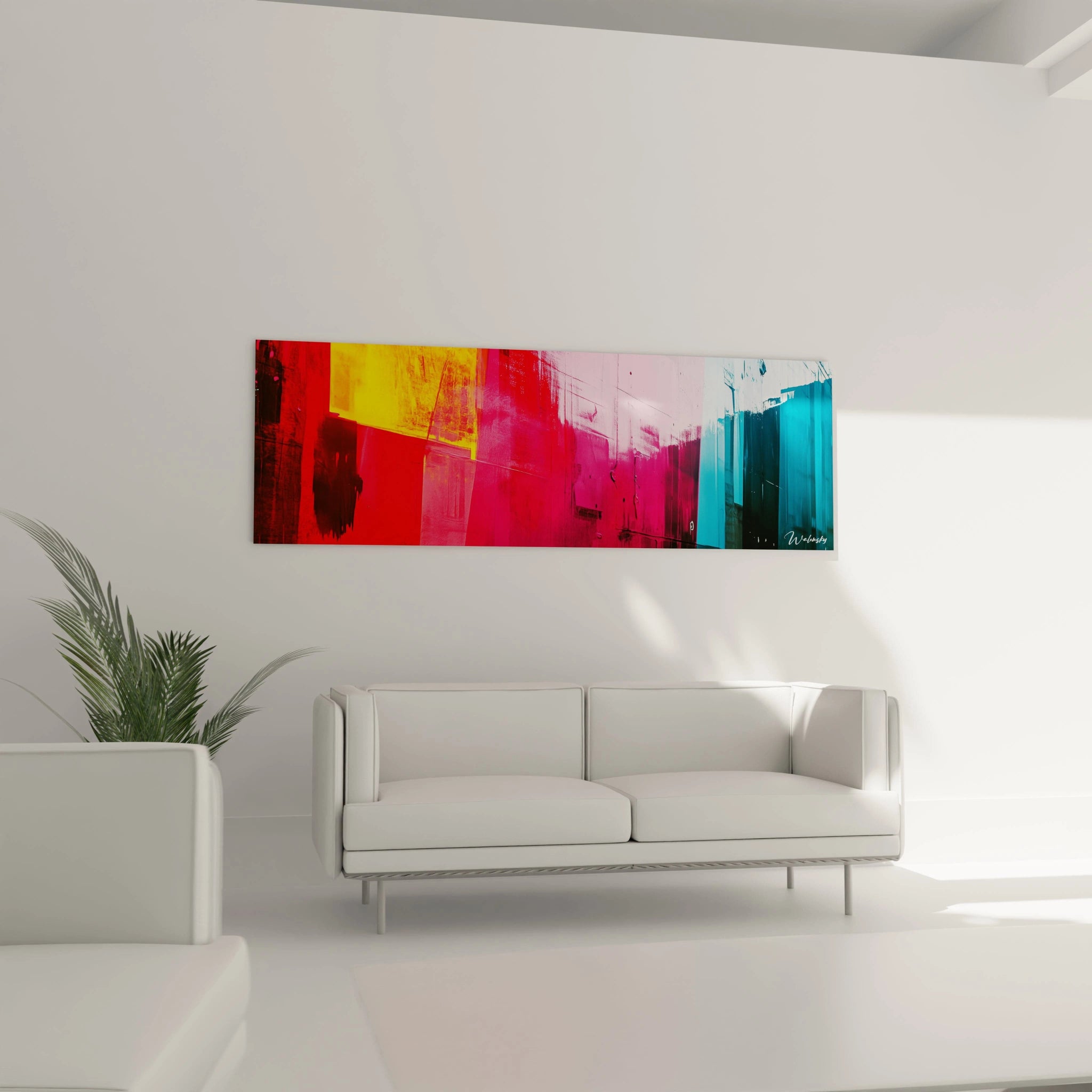 Tableau abstrait horizontal aux couleurs éclatantes, dominé par des bandes de rouge intense, rose lumineux et bleu turquoise qui se fondent harmonieusement, créant une composition dynamique aux textures variées et aux effets de transparence.