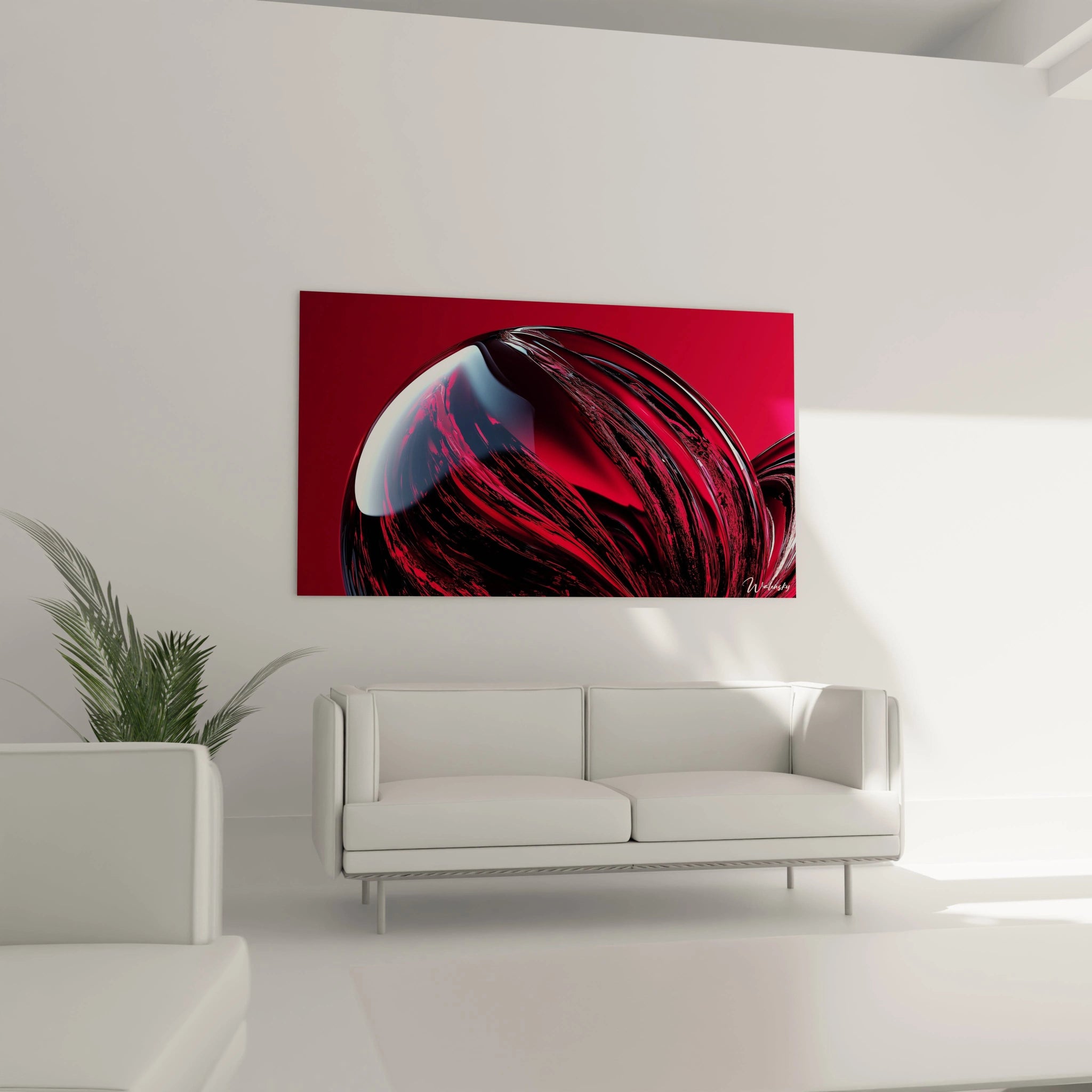Un tableau futurisme abstrait composé de stries noires sur un fond rouge lumineux, avec des effets de reflets blancs et une texture glossy.