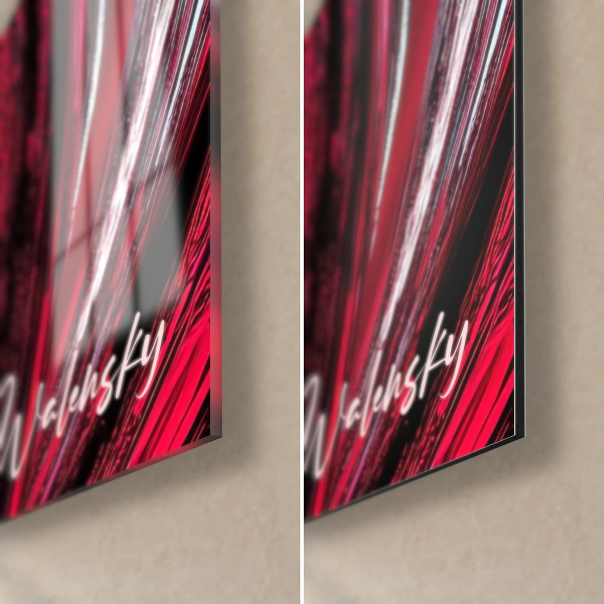 Quadro bolla di vetro rosso acceso e nero, angolo in basso a destra, vetro acrilico lucido a sinistra, alluminio Dibond opaco a destra, spessore 3 mm