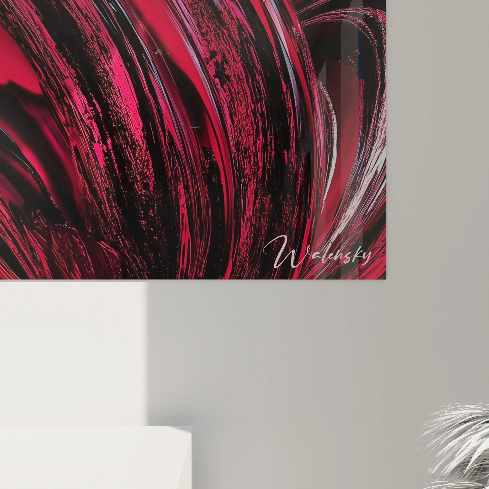 Un tableau futurisme abstrait aux couleurs rouges intenses et noires, marqué par des formes tourbillonnantes et des surfaces métalliques polies.