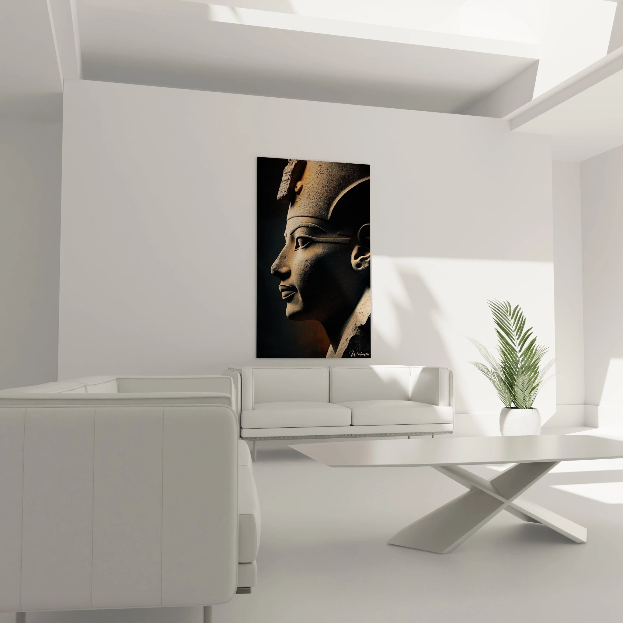 Un tableau sculpture Sphinx égyptien représentant le profil gauche de ce monument mythique, teintes beiges et marron sur fond sombre, surfaces lisses contrastant avec zones érodées témoignant du passage du temps.