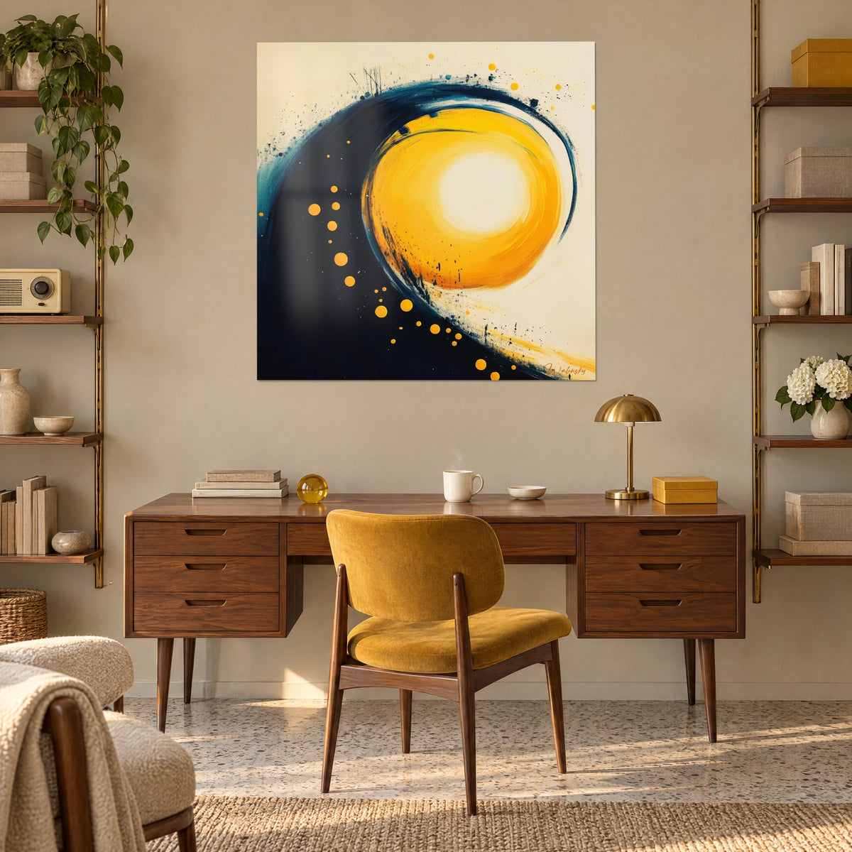 Quadro energia celeste in pittura gestuale, sole senape e curva blu petrolio, che domina una scrivania in legno