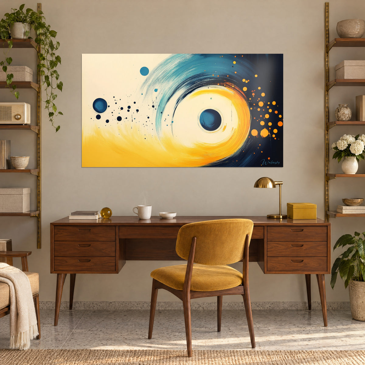 Cuadro círculo solar con trazos de pintura amarillo ocre, volutas azul pato, puntos negros dispersos, en la pared de un despacho de madera