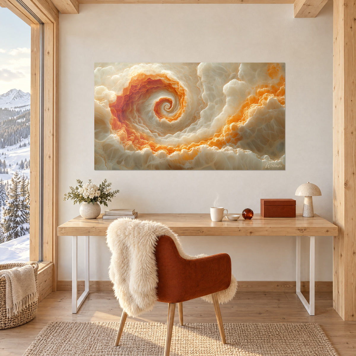 Quadro con vortice cristallino color crema e arancio bruciato, scrivania in legno biondo, poltrona con plaid bianco e cuscino ruggine, finestra sugli abeti