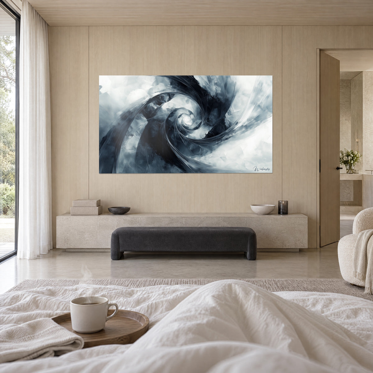 Quadro con galassia a spirale di fumi antracite e bianco ghiaccio, con ampie pennellate, sopra un letto in una camera luminosa