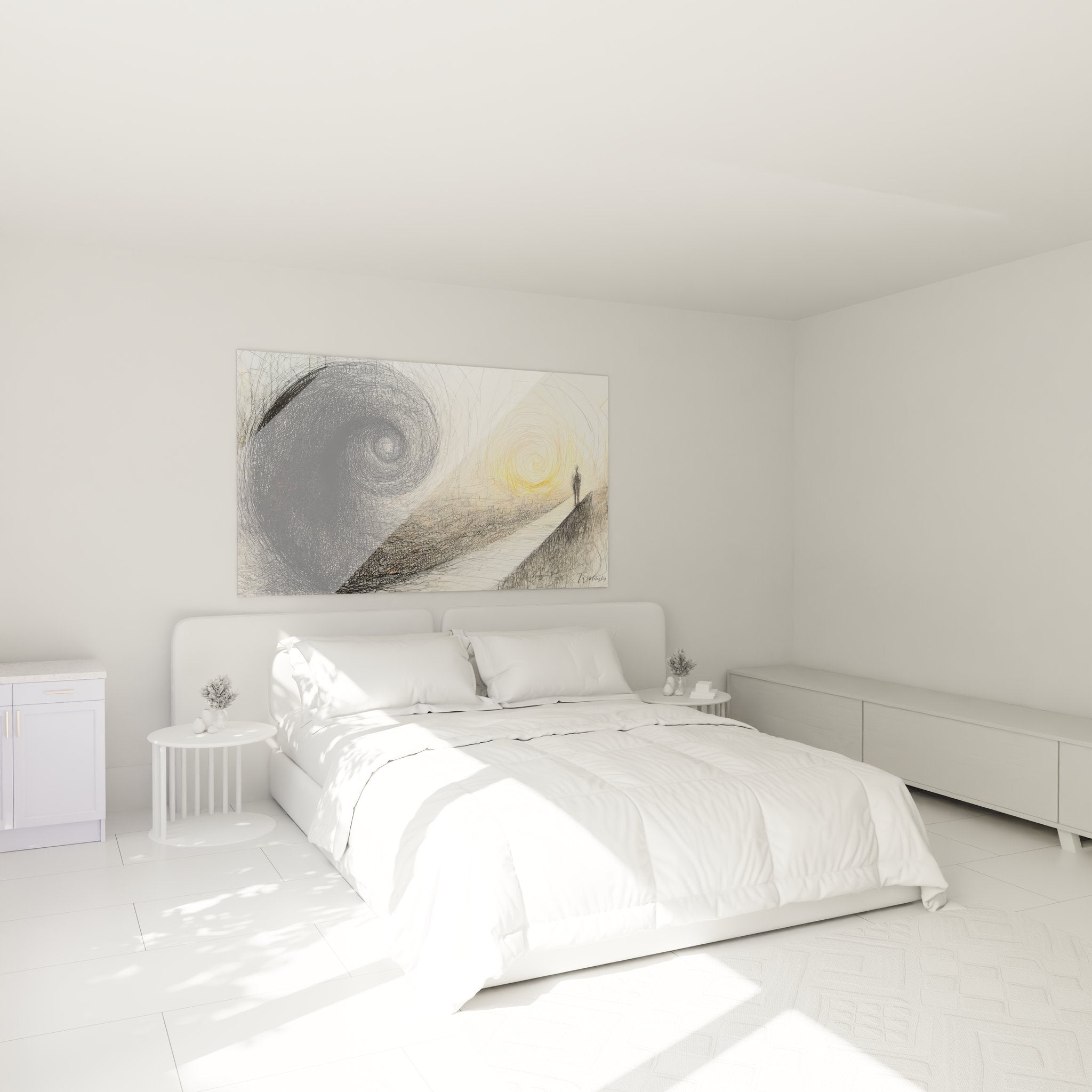 Tableau spirale abstrait décorant chambre moderne avec tourbillons cosmiques dorés et silhouette contemplative