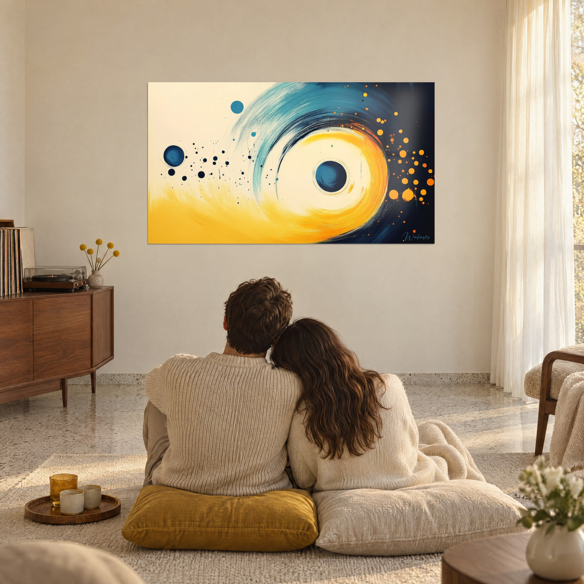 Cuadro nebulosa acrílica amarillo limón y azul real, gotas naranjas a la derecha, pareja abrazada de espaldas, sentada sobre cojines