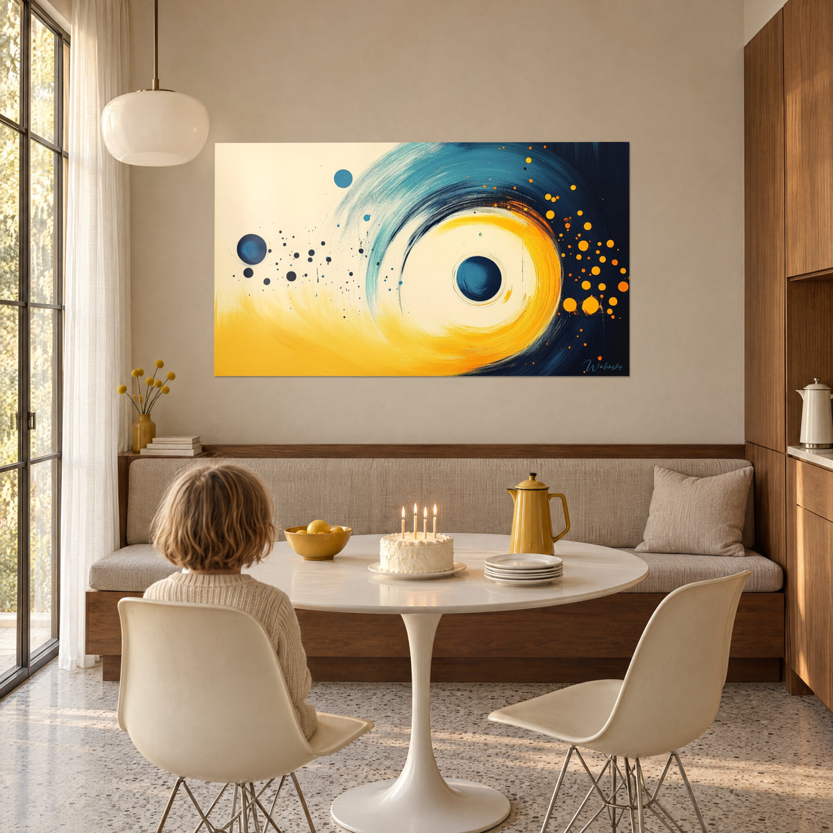 Cuadro ojo celeste con anillos azul turquesa y dorados, punto central azul profundo, niña de espaldas, merienda de cumpleaños en el comedor