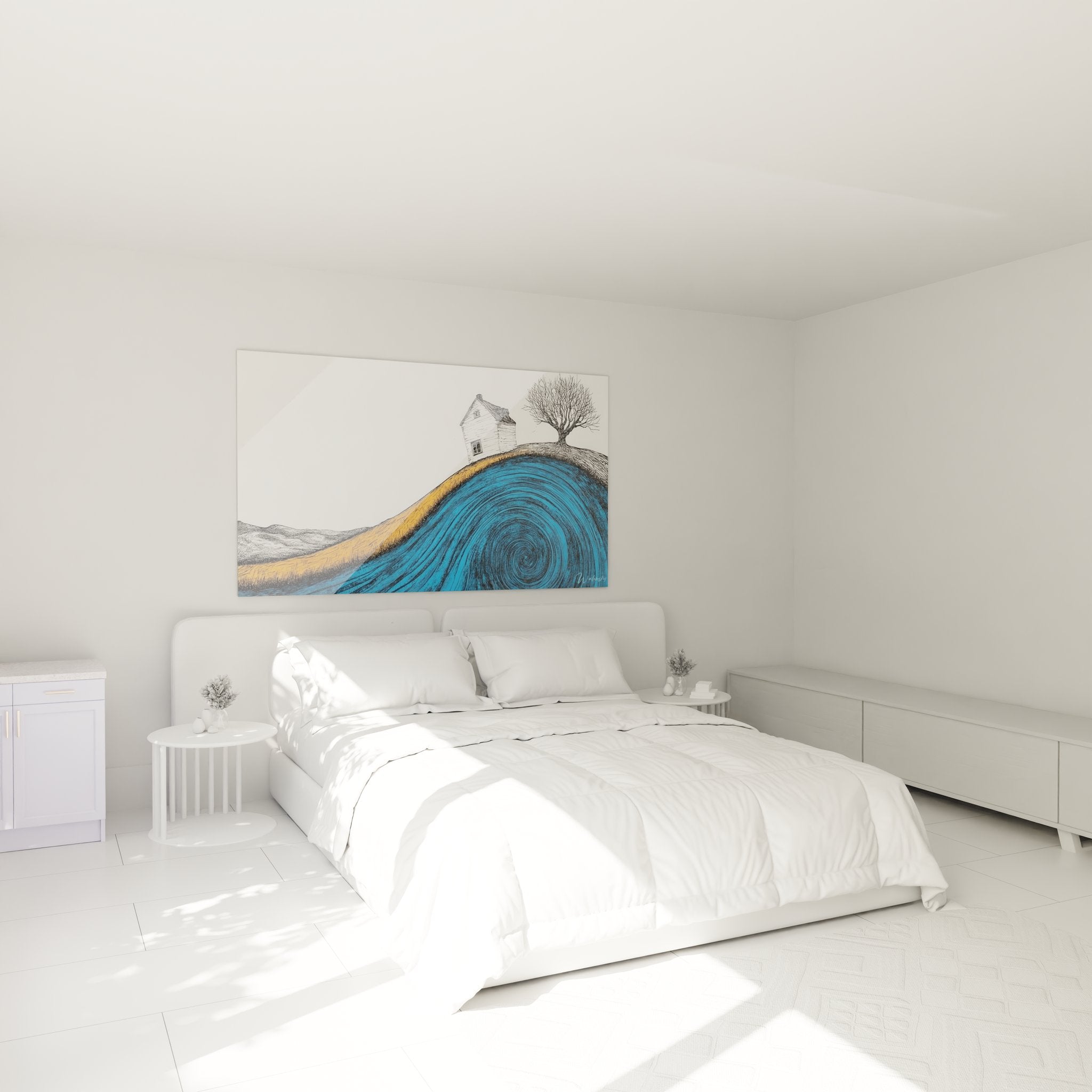 Ambiance chambre avec tableau spirale abstrait maison sur colline bleue déco murale moderne