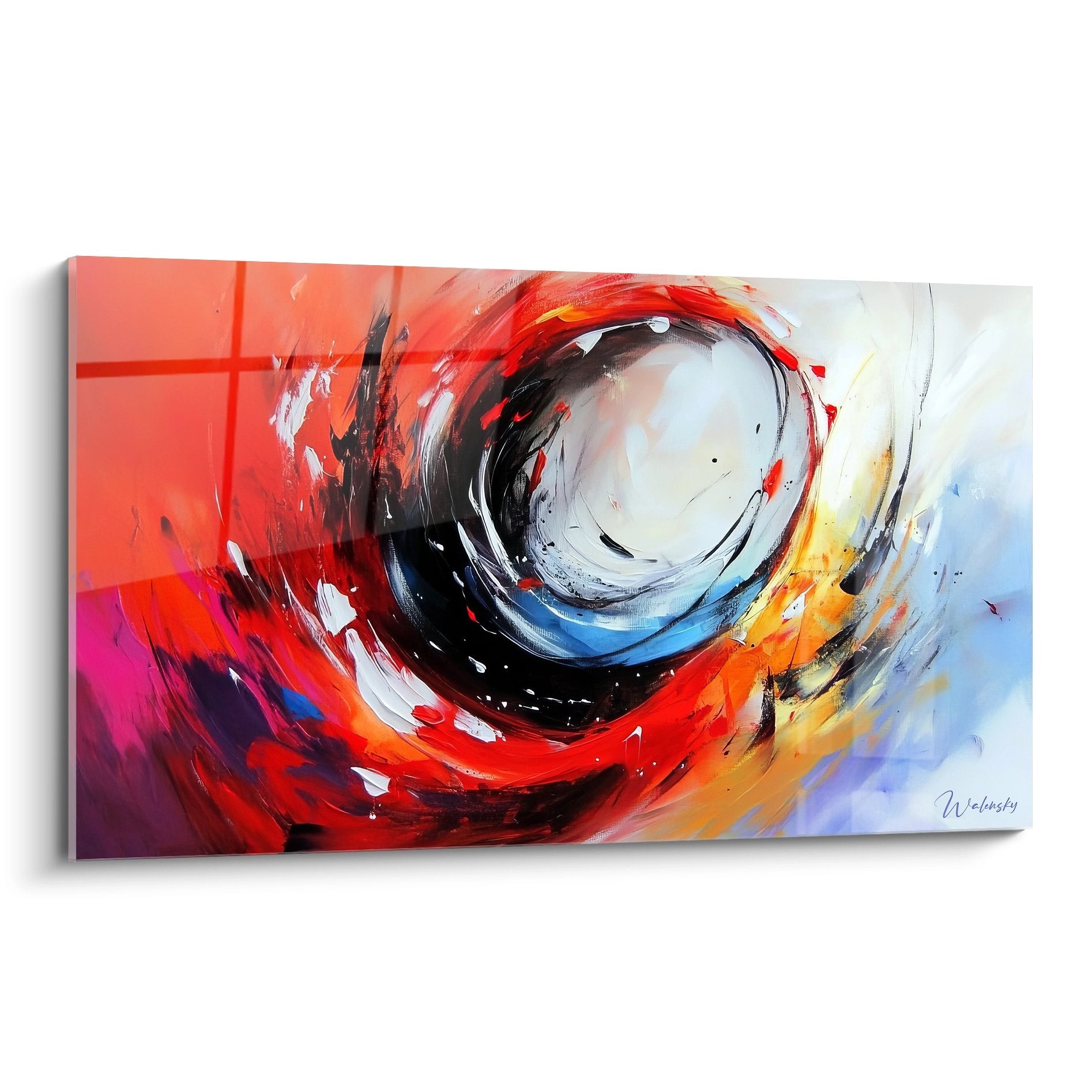 Tableau spirale abstrait multicolore avec mouvement tourbillonnant rouge orange bleu