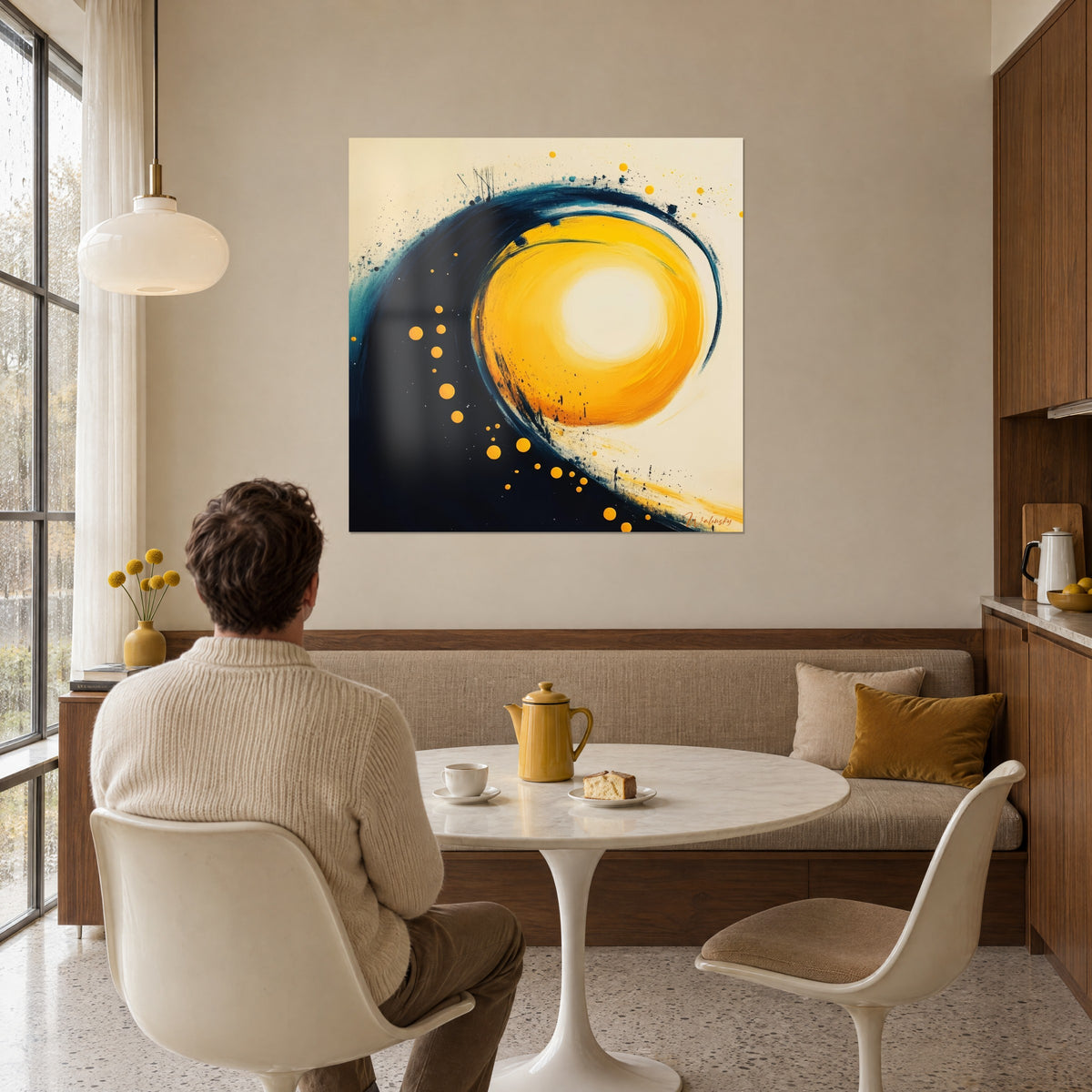 Quadro cerchio di luce arancione e bianco cremoso in un vortice blu mare, perle gialle, di fronte a un tavolo rotondo da pranzo