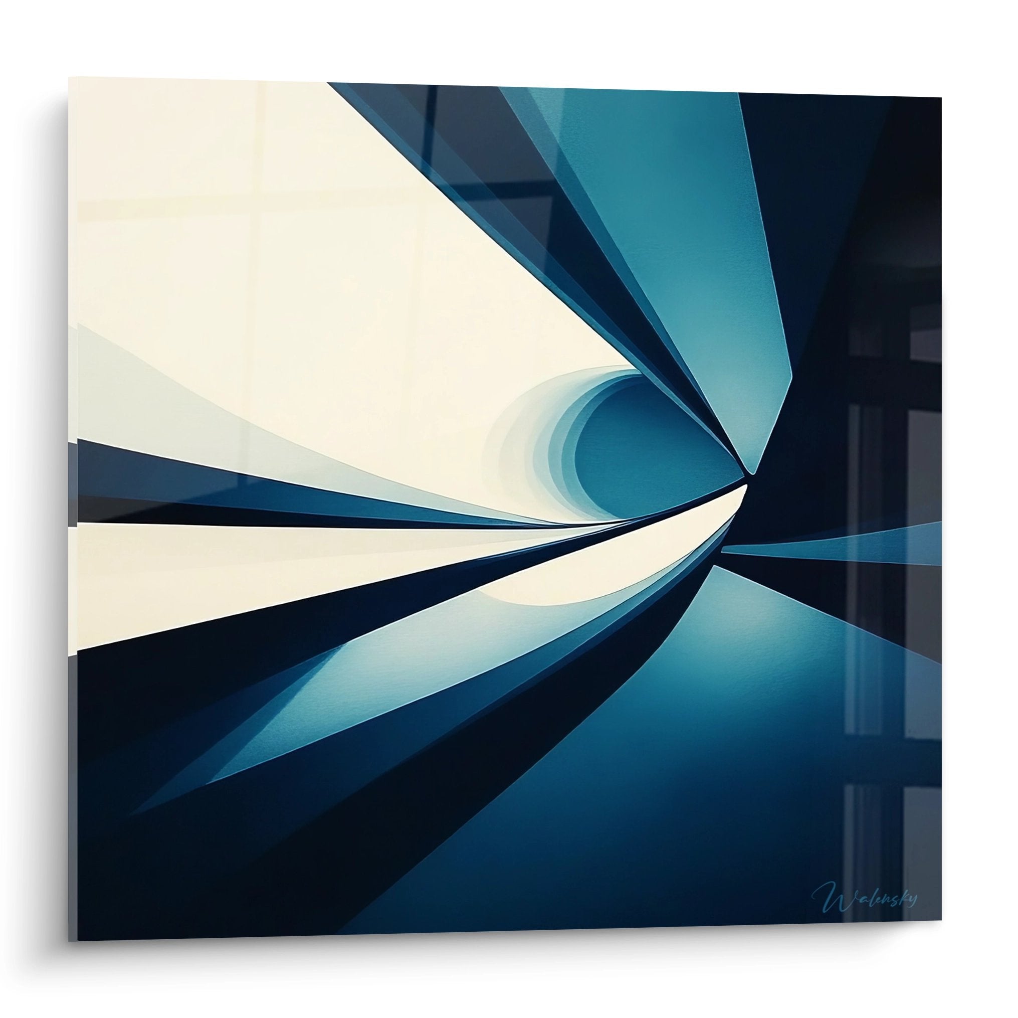 Tableau spirale abstraite bleue et blanche aux formes dynamiques et courbes fluides par Walensky