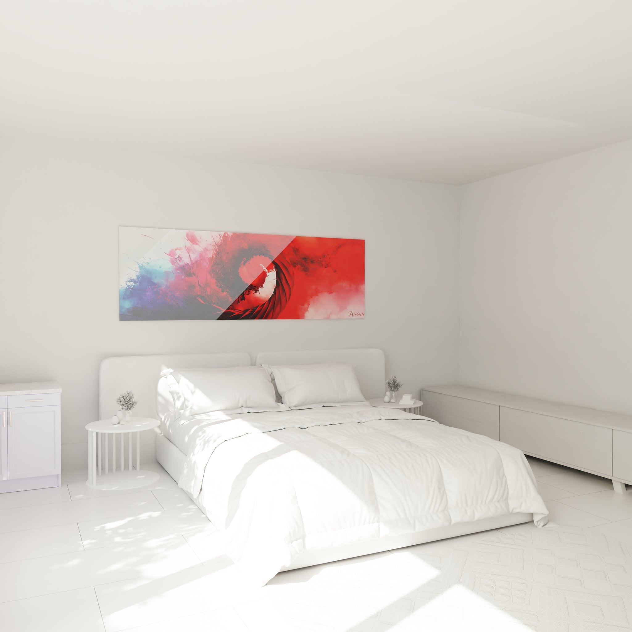Tableau spirale abstraite rouge bleu installé dans chambre moderne ambiance déco contemporaine