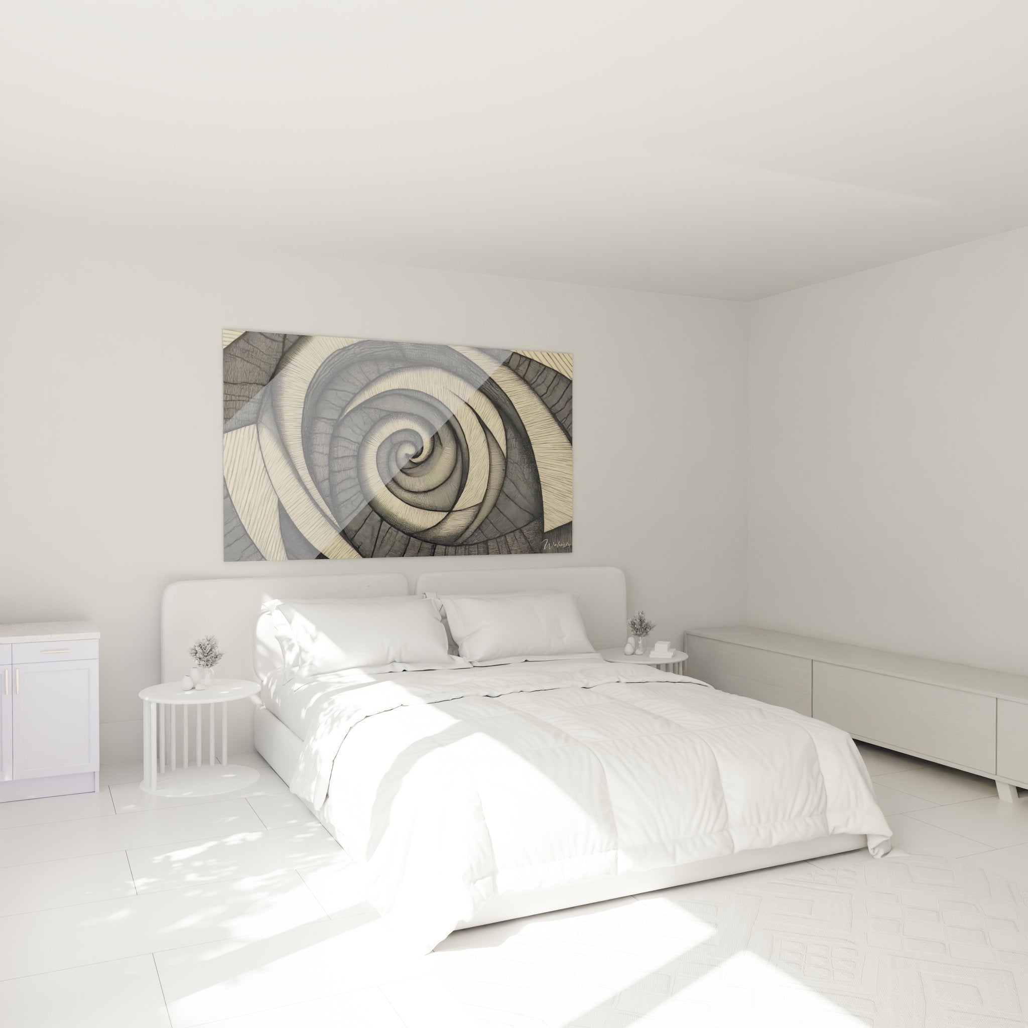 Tableau spirale abstraite dans chambre moderne, décoration murale géométrique beige sur mur blanc