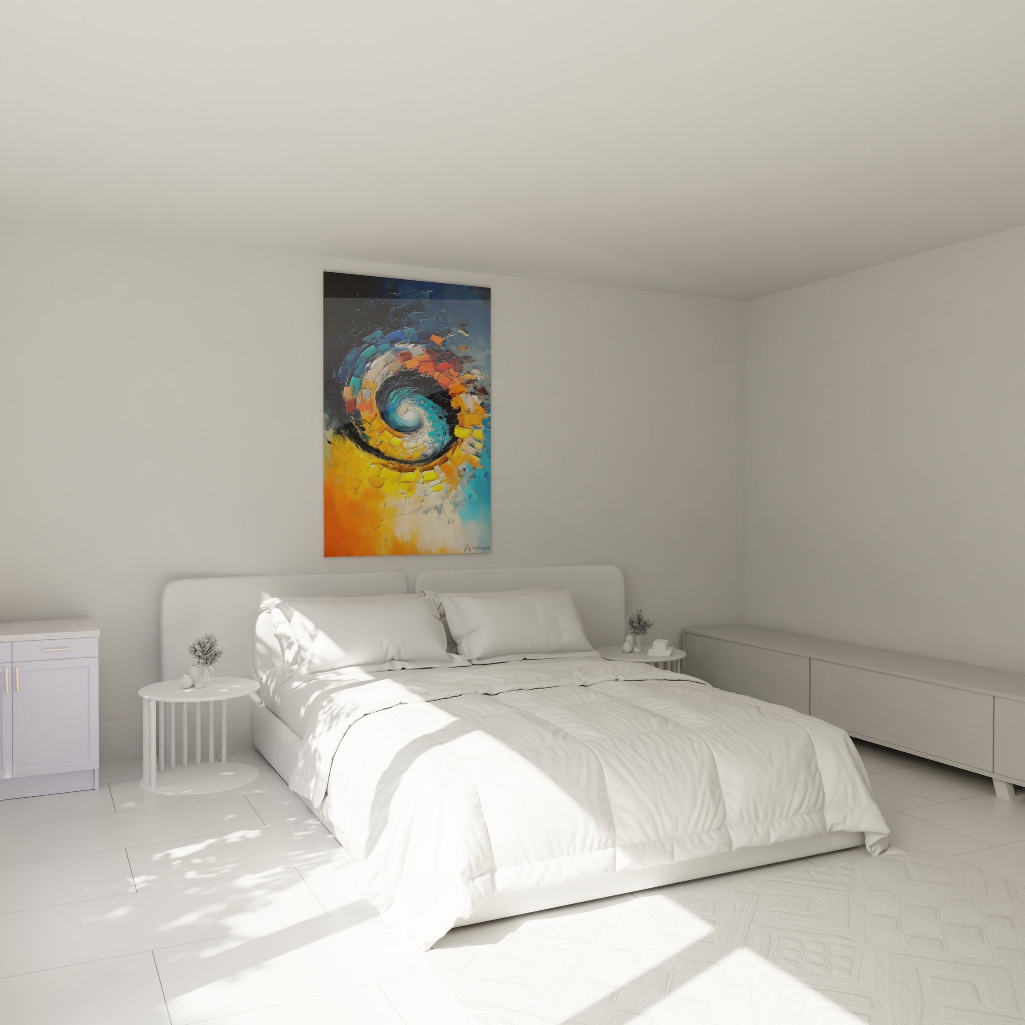 Tableau spirale abstraite dans chambre moderne, décoration murale tourbillon cosmique orange et bleu