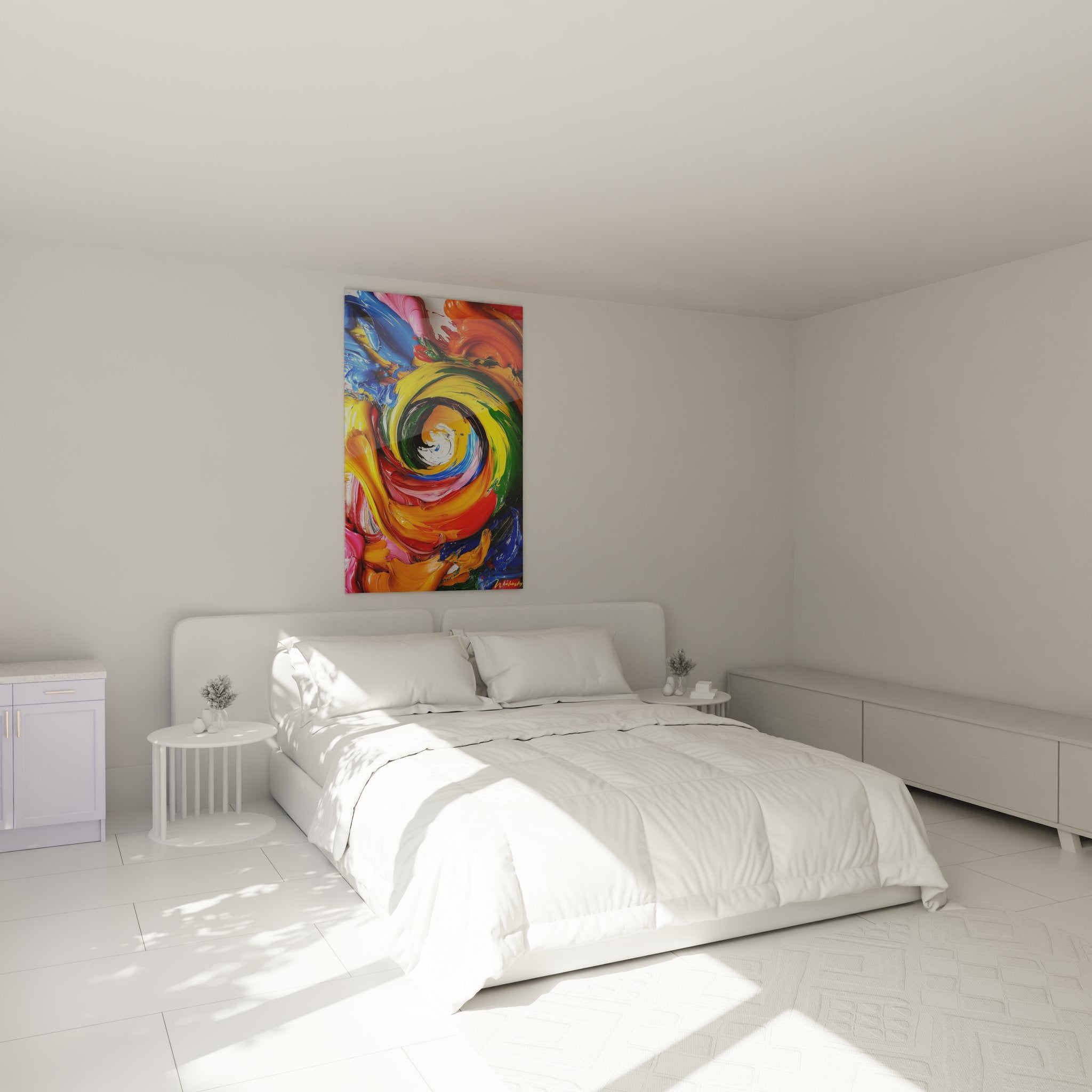 Tableau mural spirale abstraite multicolore décorant une chambre moderne avec ambiance colorée dynamique