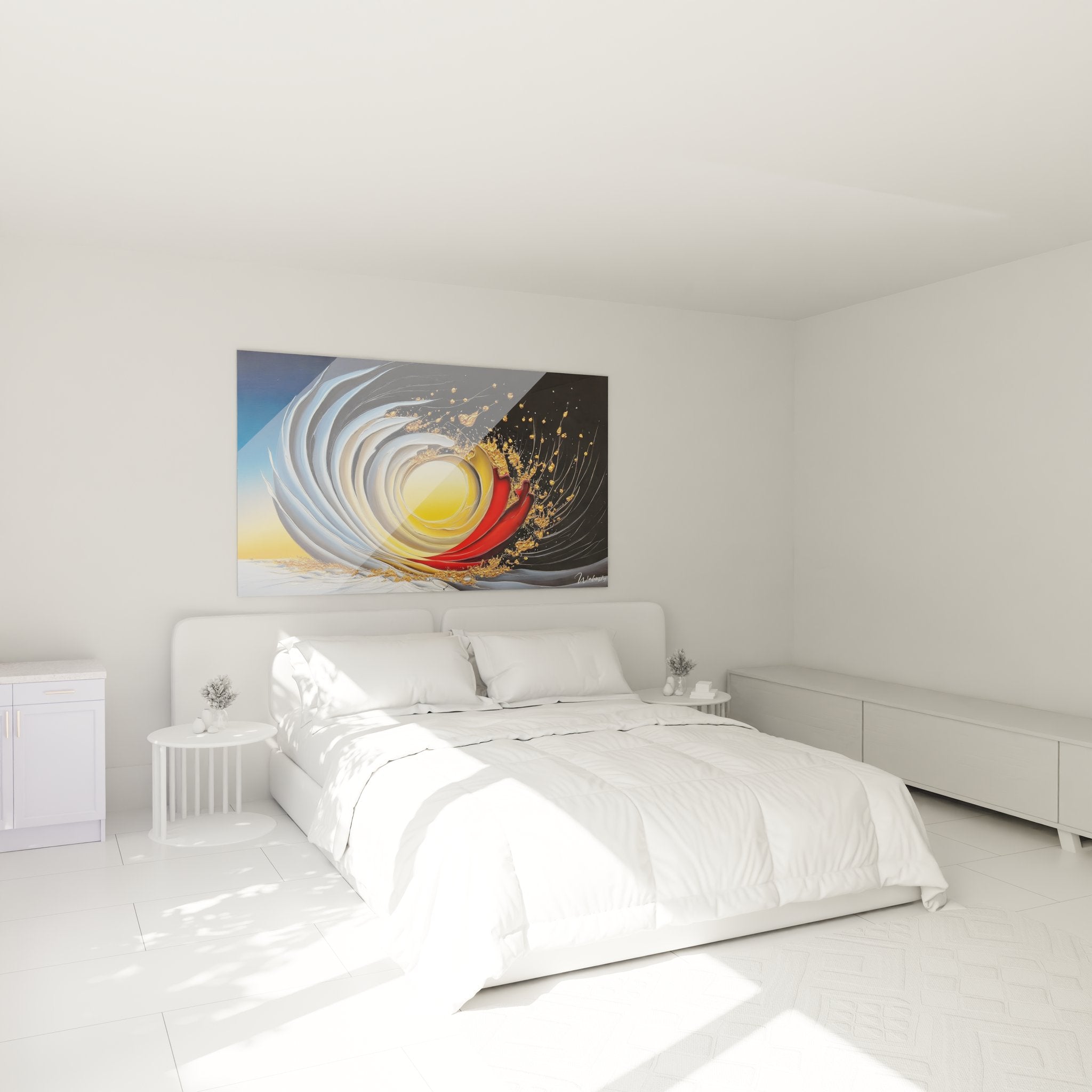 Tableau spirale abstraite dorée dans chambre moderne avec vortex lumineux decoration murale