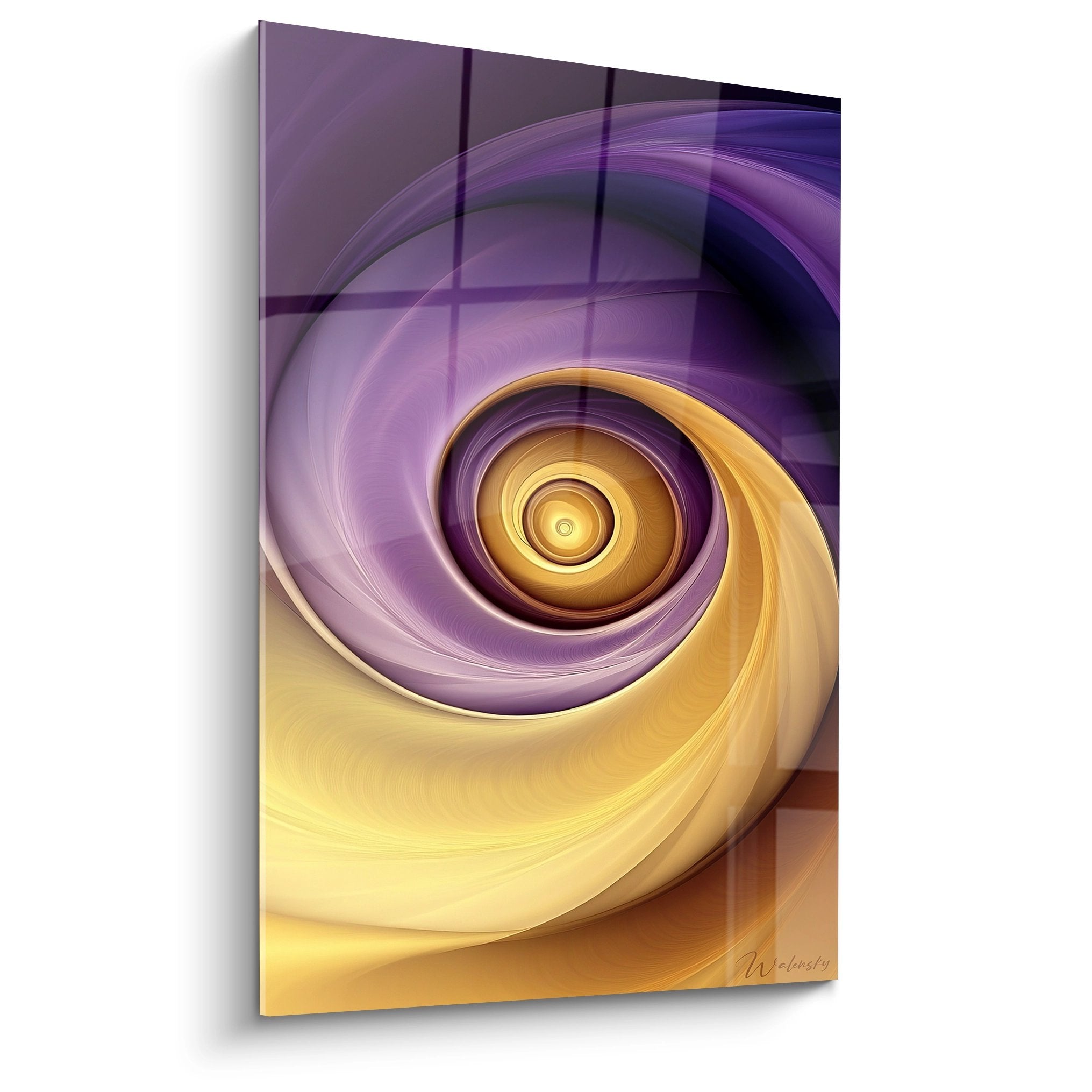 Tableau spirale abstraite dorée et violette avec effet tourbillon 3D sur fond moderne