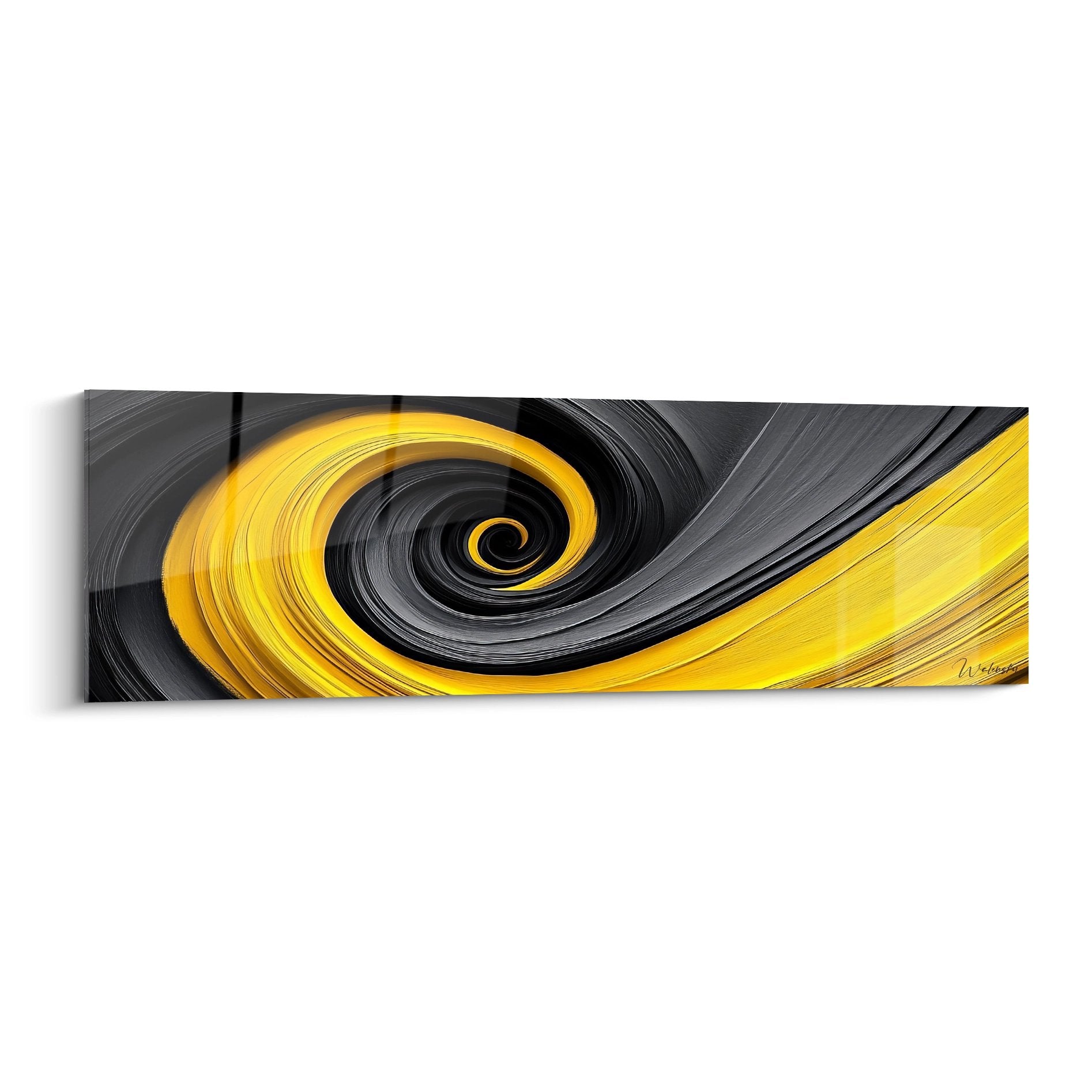 Tableau mural spirale abstraite jaune et noir avec tourbillon dynamique art contemporain