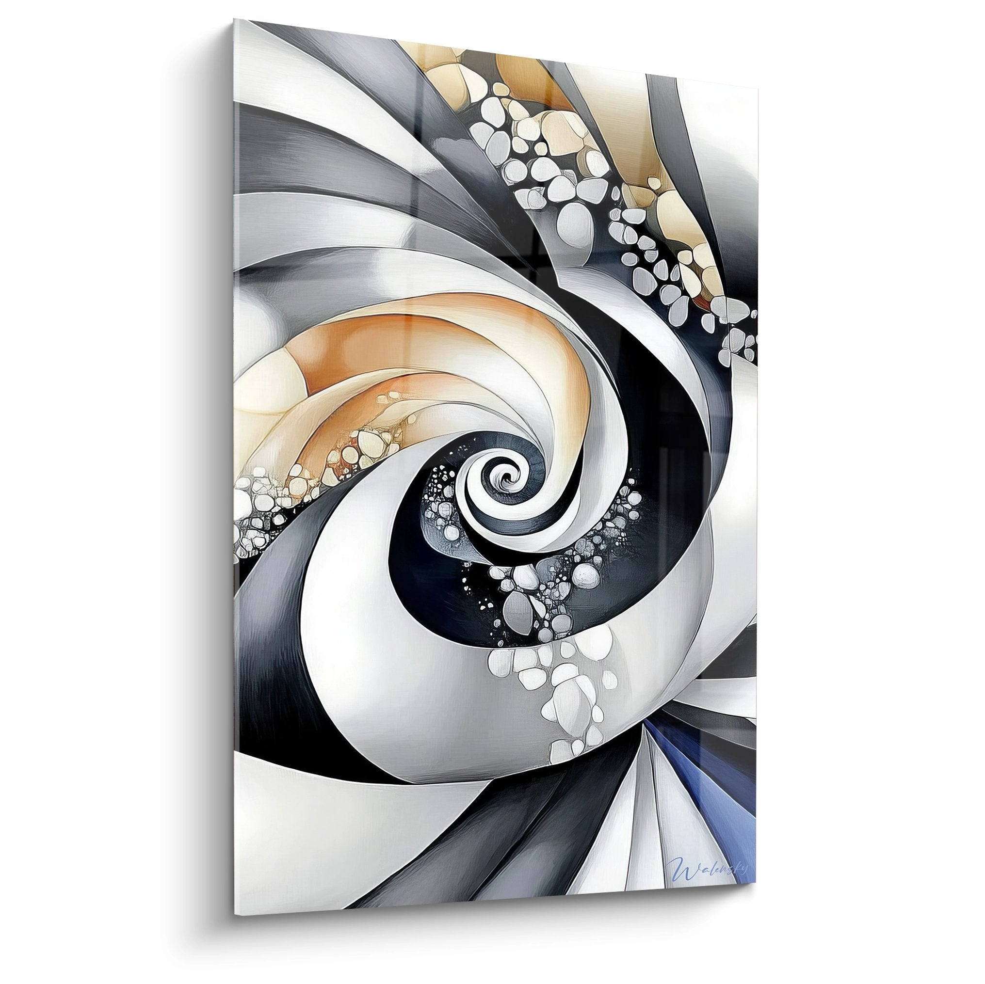 Tableau spirale abstrait métallique avec tourbillon dynamique et reflets argentés pour décoration moderne