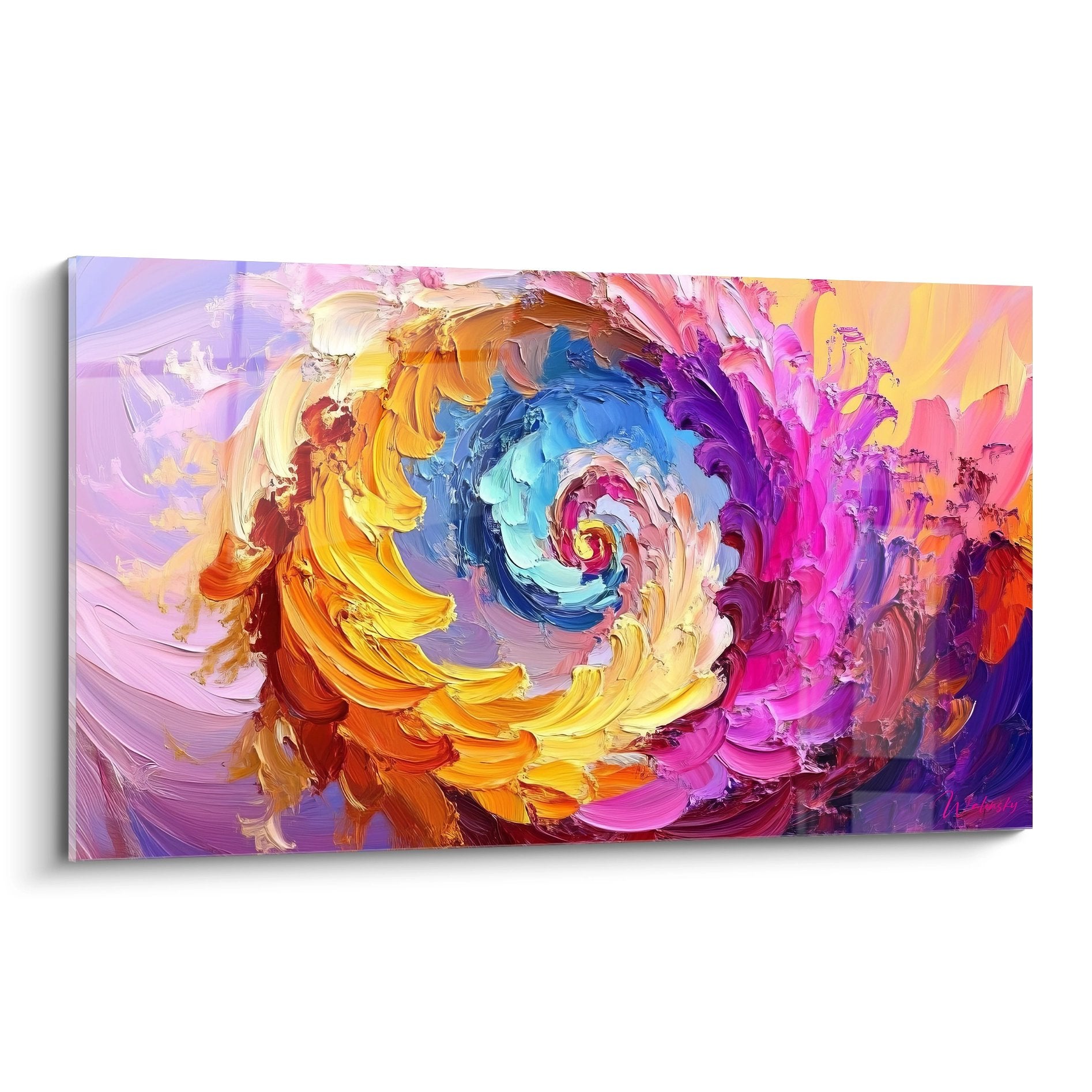 Tableau spirale abstraite multicolore avec mouvements tourbillonnants orange bleu violet