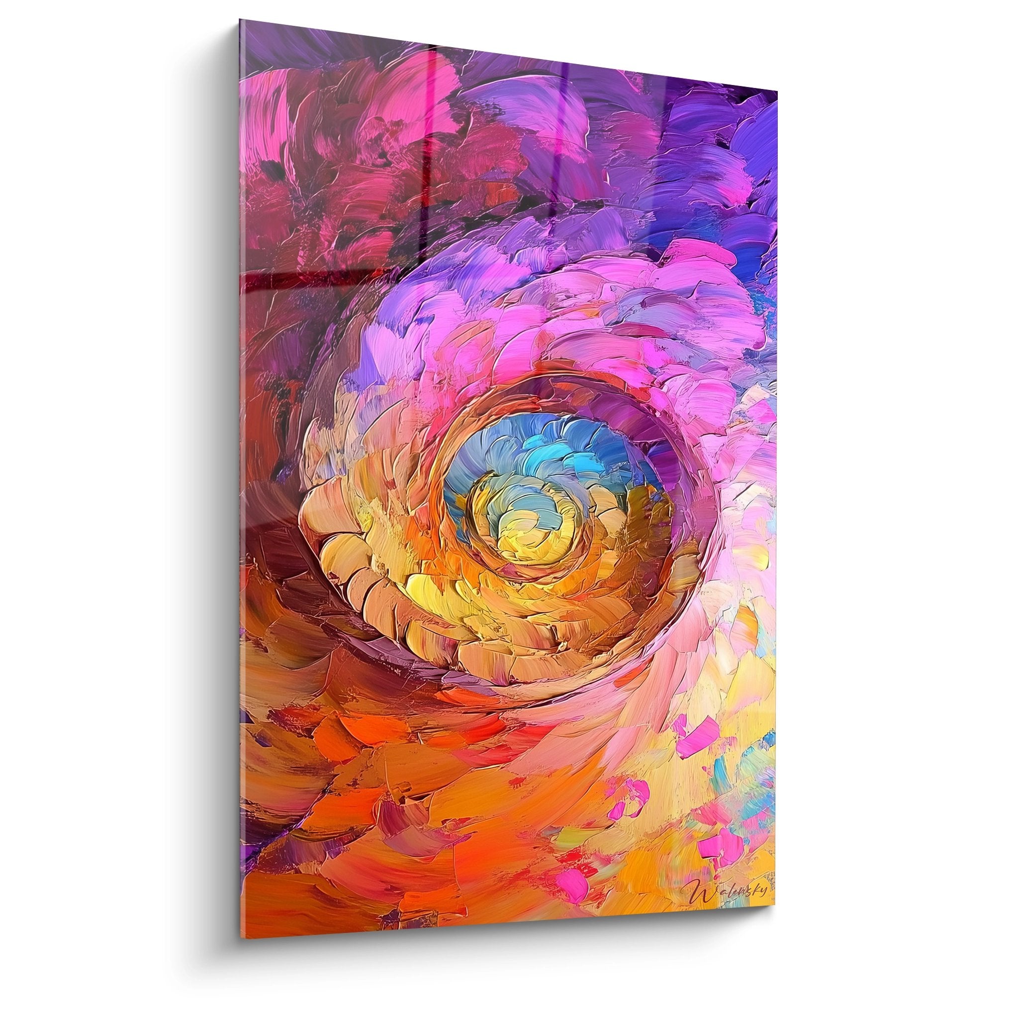 Tableau spirale abstraite multicolore avec vortex central doré et brushstrokes dynamiques roses violets