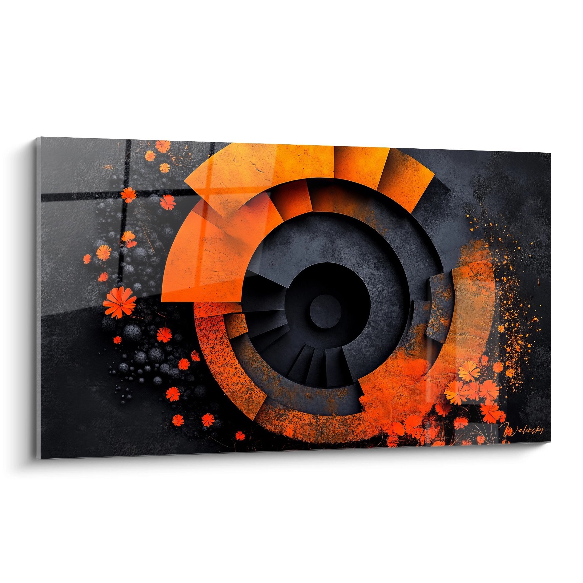 Tableau mural spirale abstraite orange avec formes concentriques dynamiques et fleurs stylisées sur fond gris