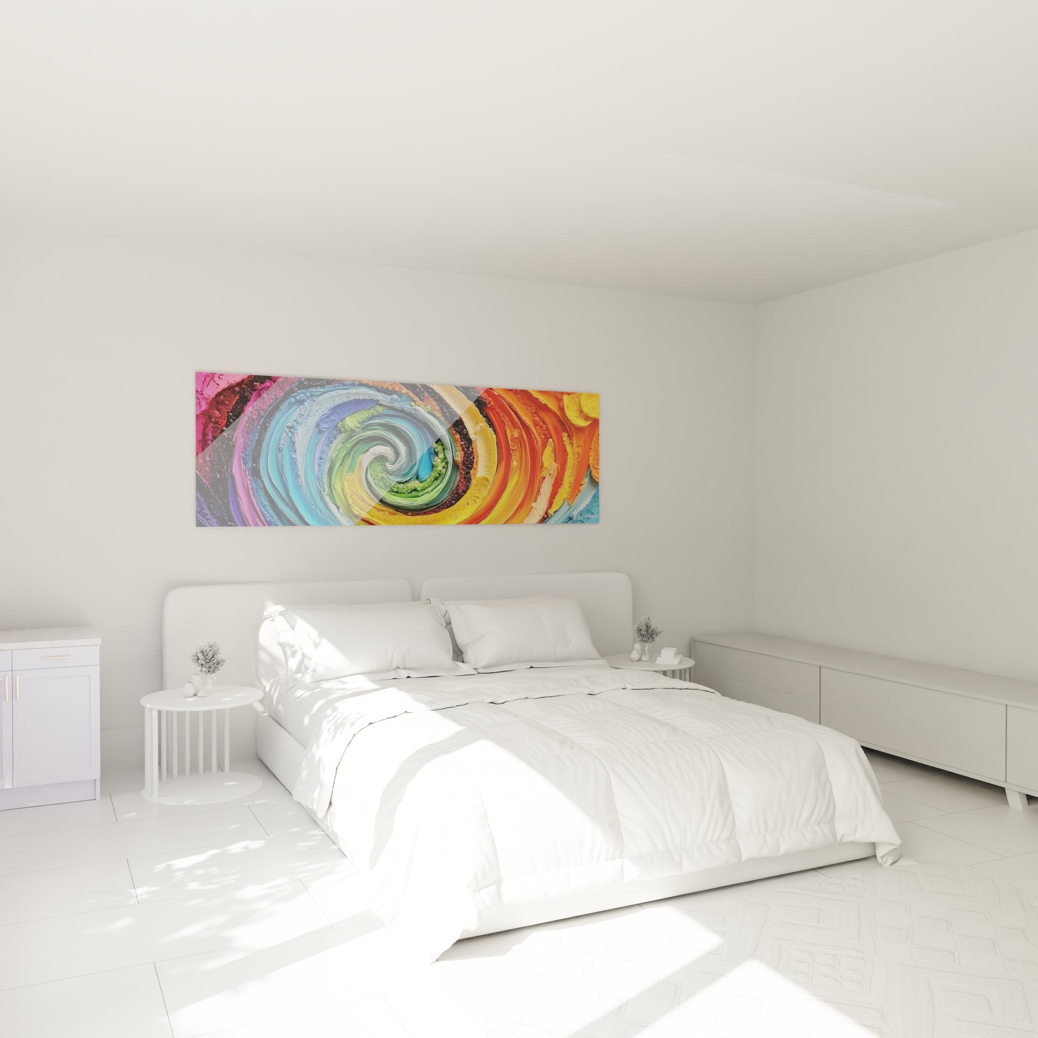 Ambiance chambre avec tableau spirale abstraite multicolore créant un point focal décoratif élégant