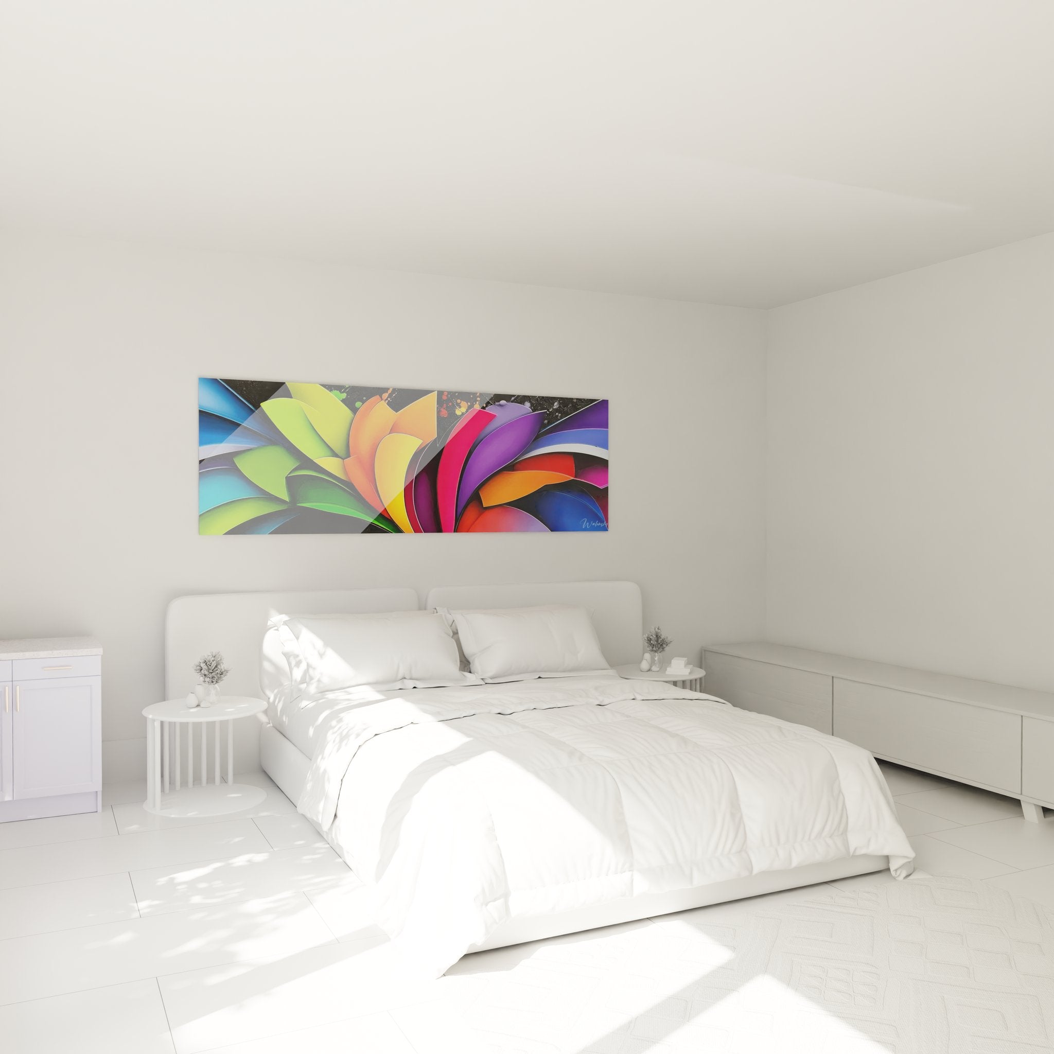 Tableau spirale multicolore dans ambiance chambre moderne avec décoration murale abstraite