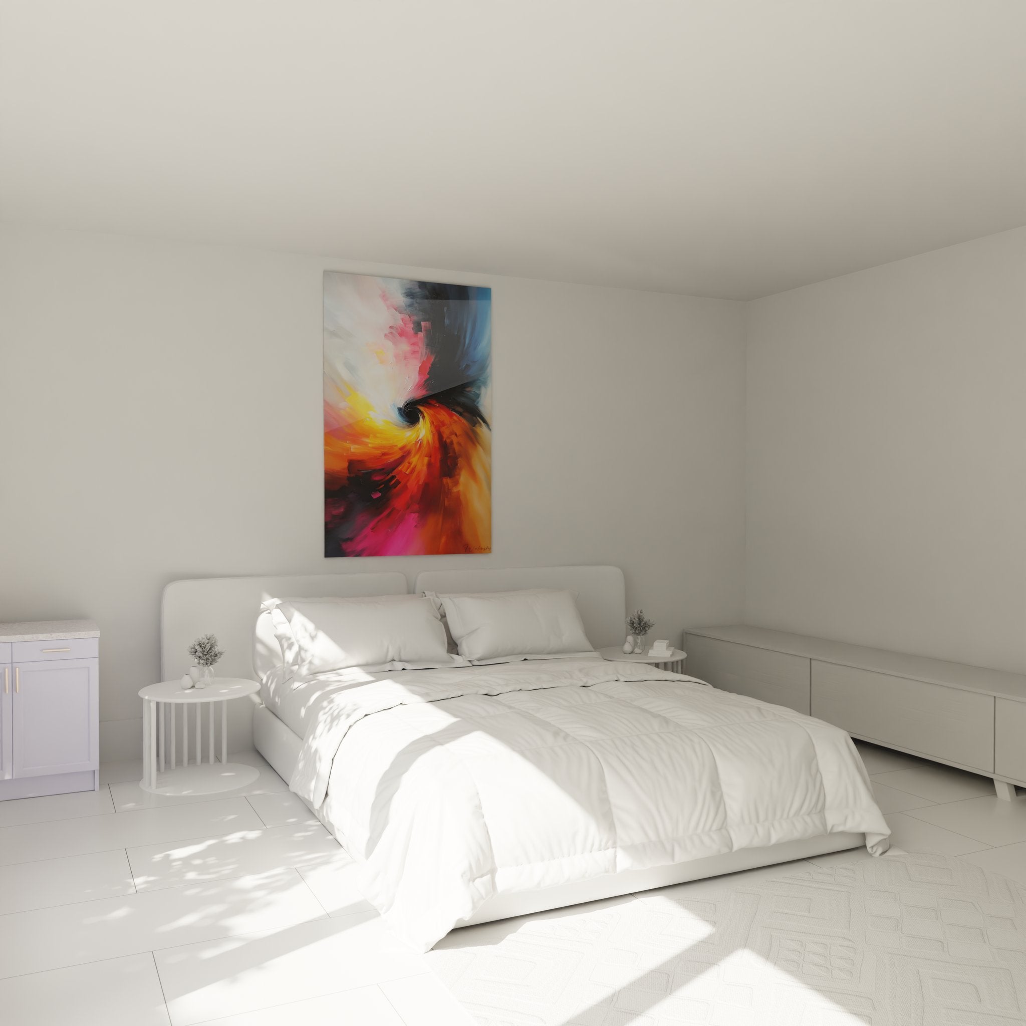 Tableau spirale colorée dans chambre moderne, décoration murale abstraite contemporaine