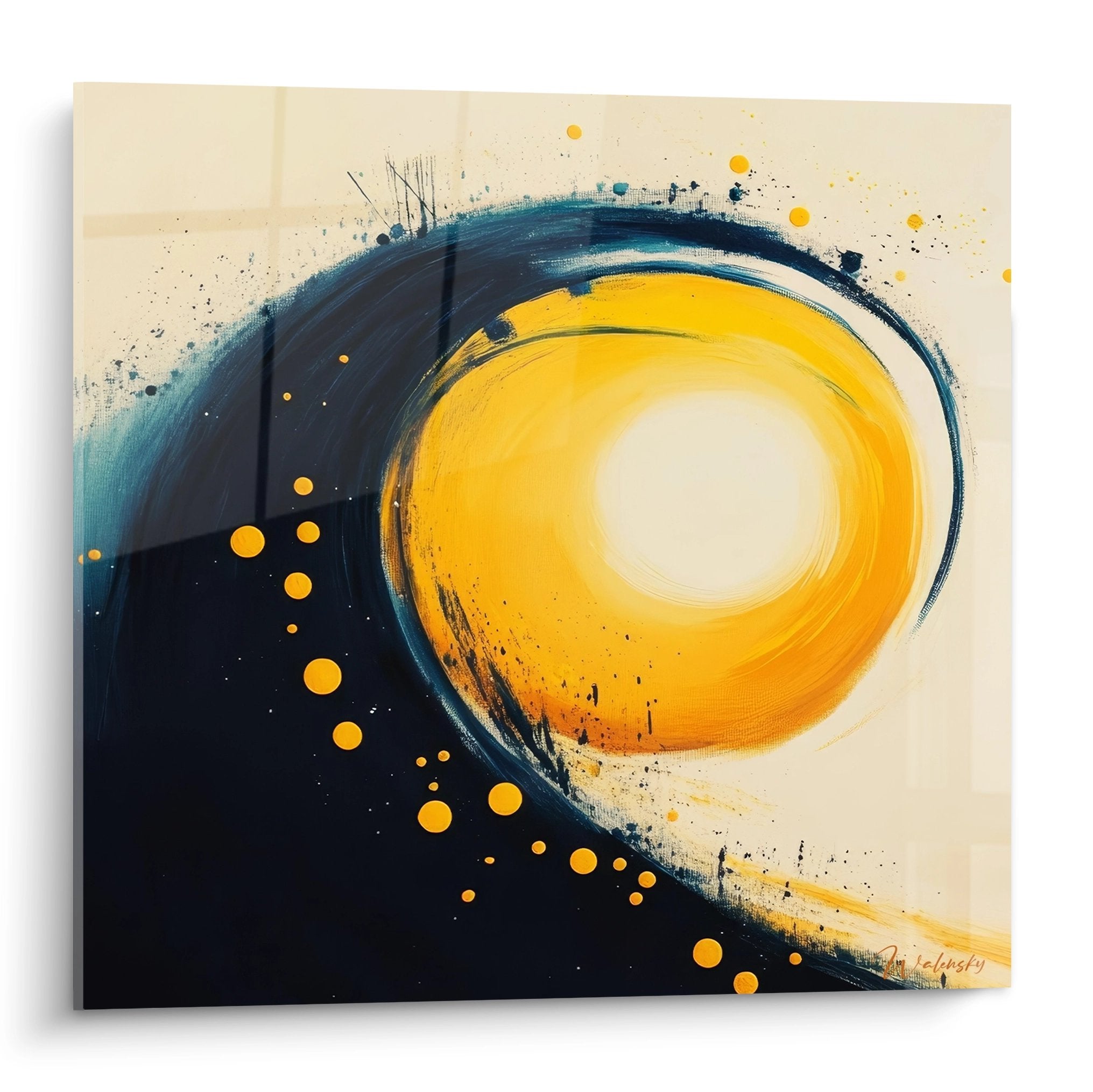 Tableau spirale cosmique abstraite dorée et bleue, art mural moderne énergétique pour décoration contemporaine