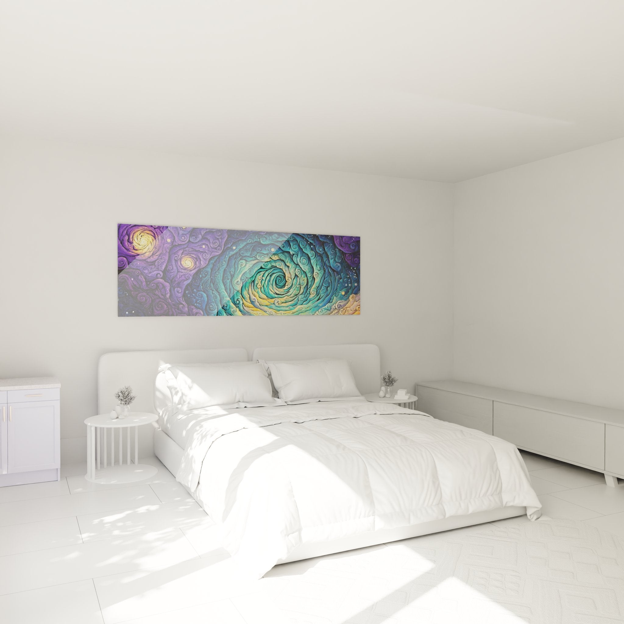 Ambiance chambre avec tableau spirale cosmique multicolore décoration murale moderne