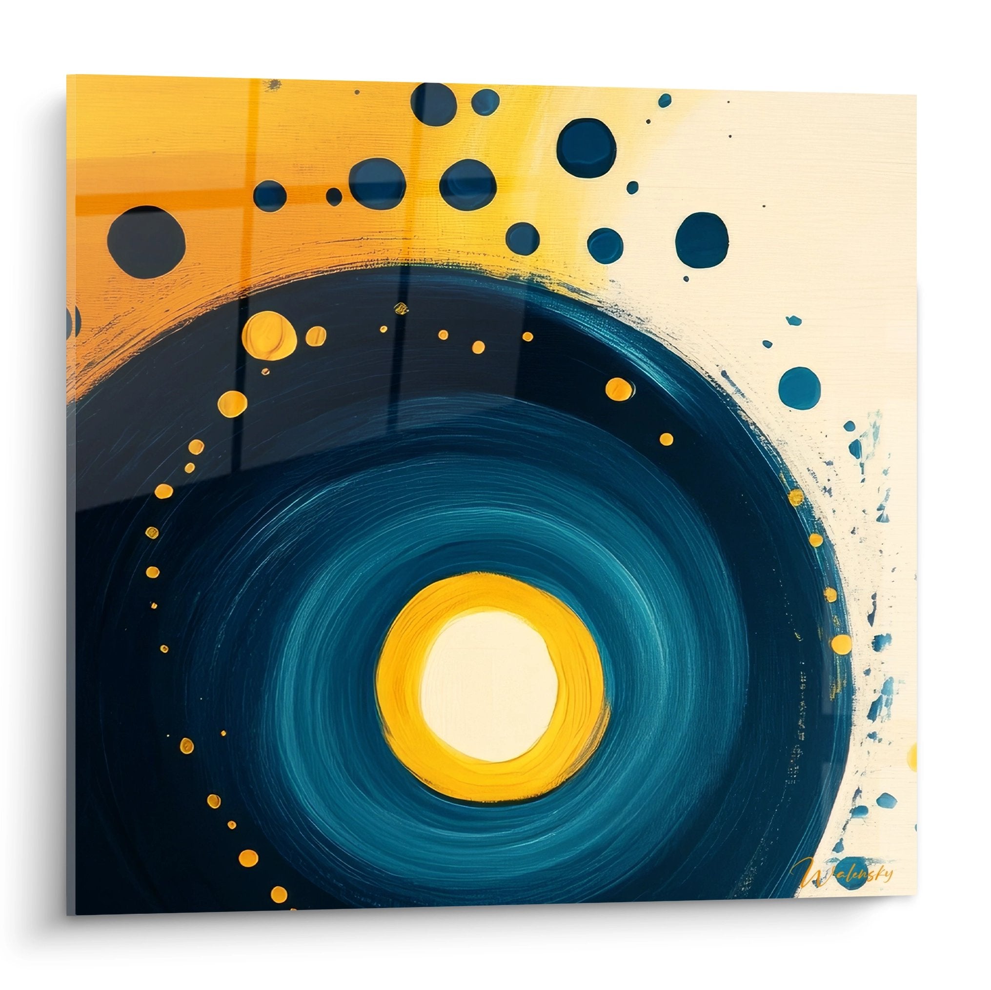 Tableau spirale cosmique abstraite bleu orange avec vortex central et points colorés flottants