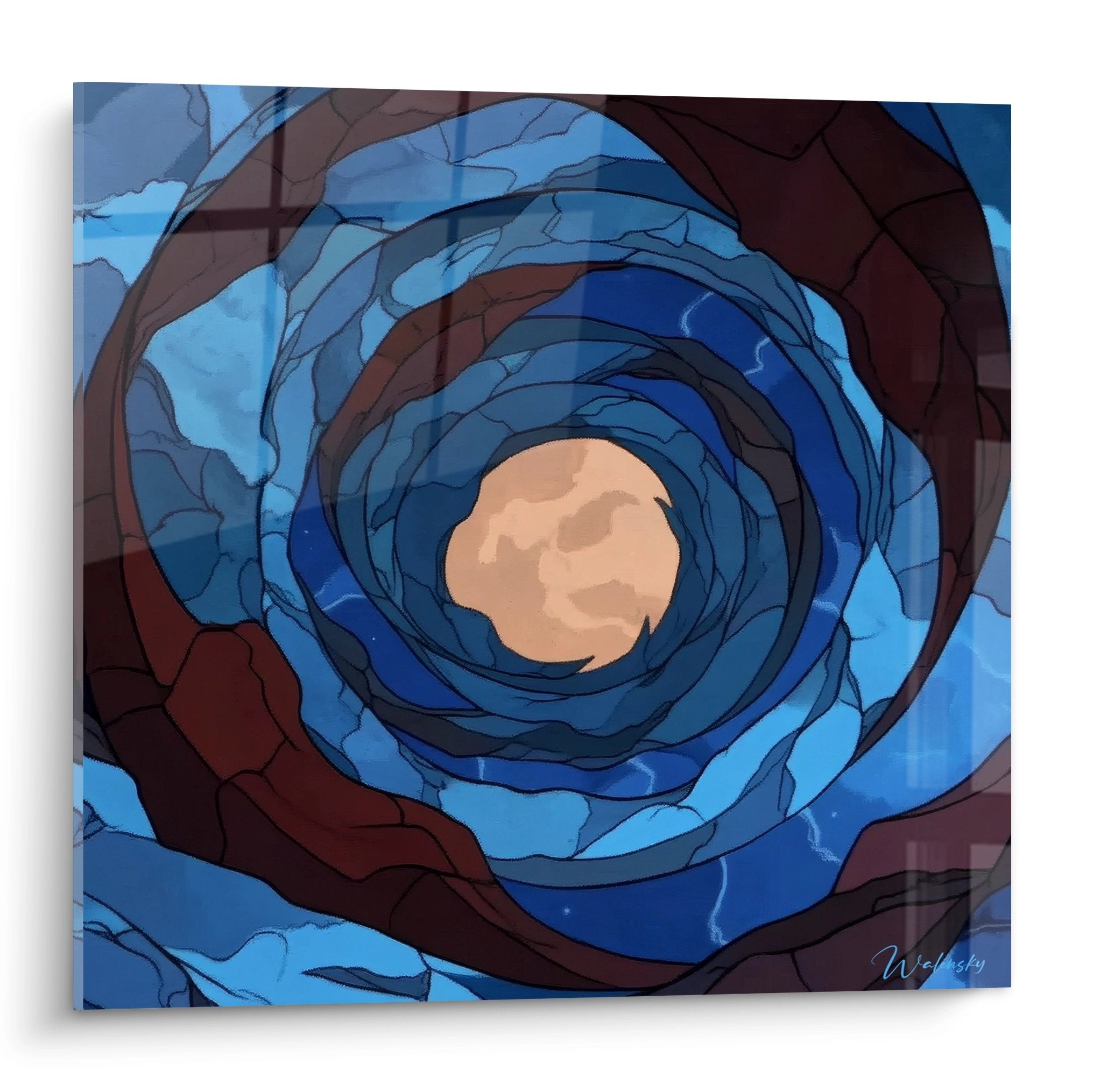 Tableau spirale cosmique bleue avec vortex céleste et orbe doré central - art mural abstrait moderne