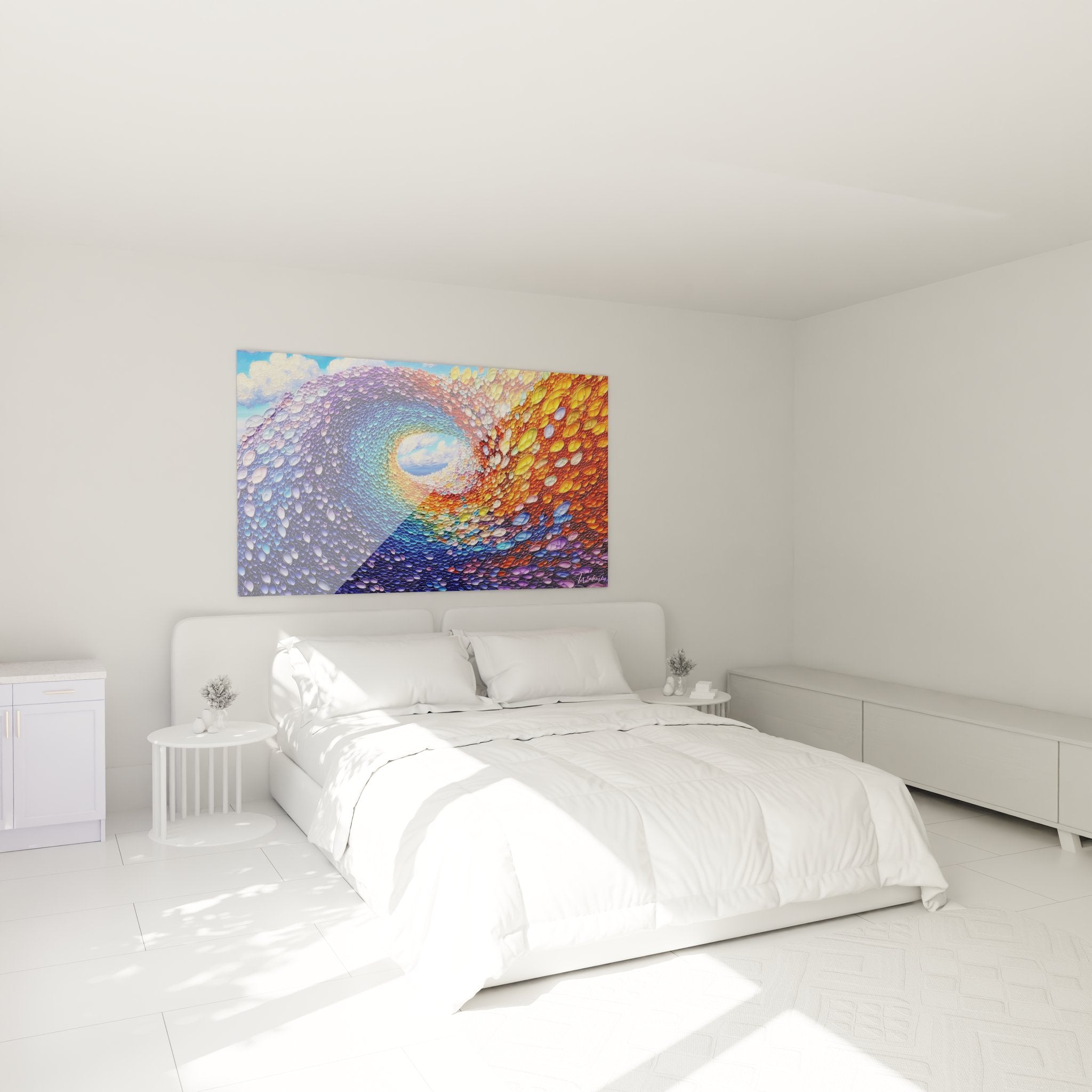 Tableau spirale cosmique multicolore décorant une chambre moderne avec art mural abstrait coloré