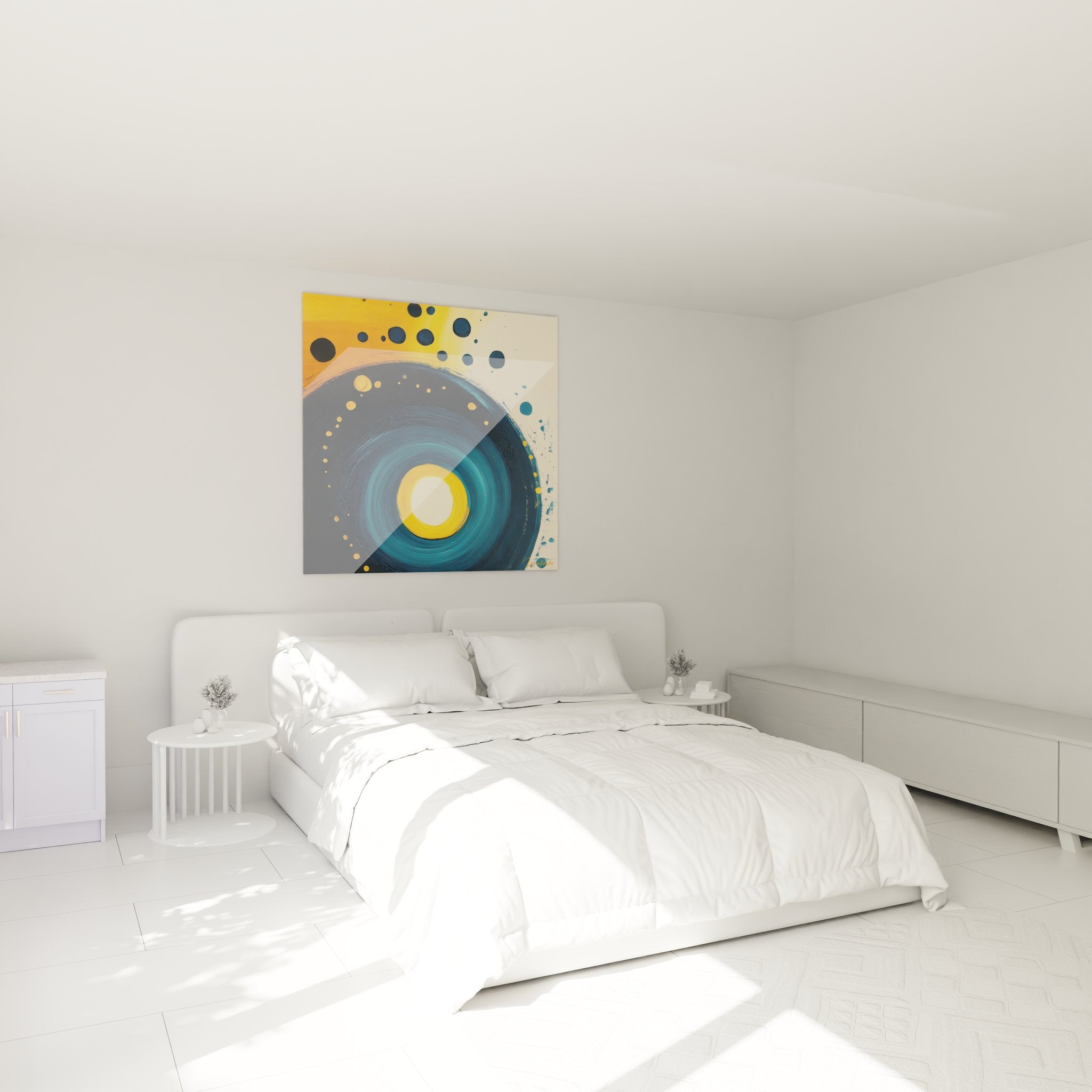 Ambiance chambre avec tableau mural spirale cosmique bleue orange au dessus du lit moderne