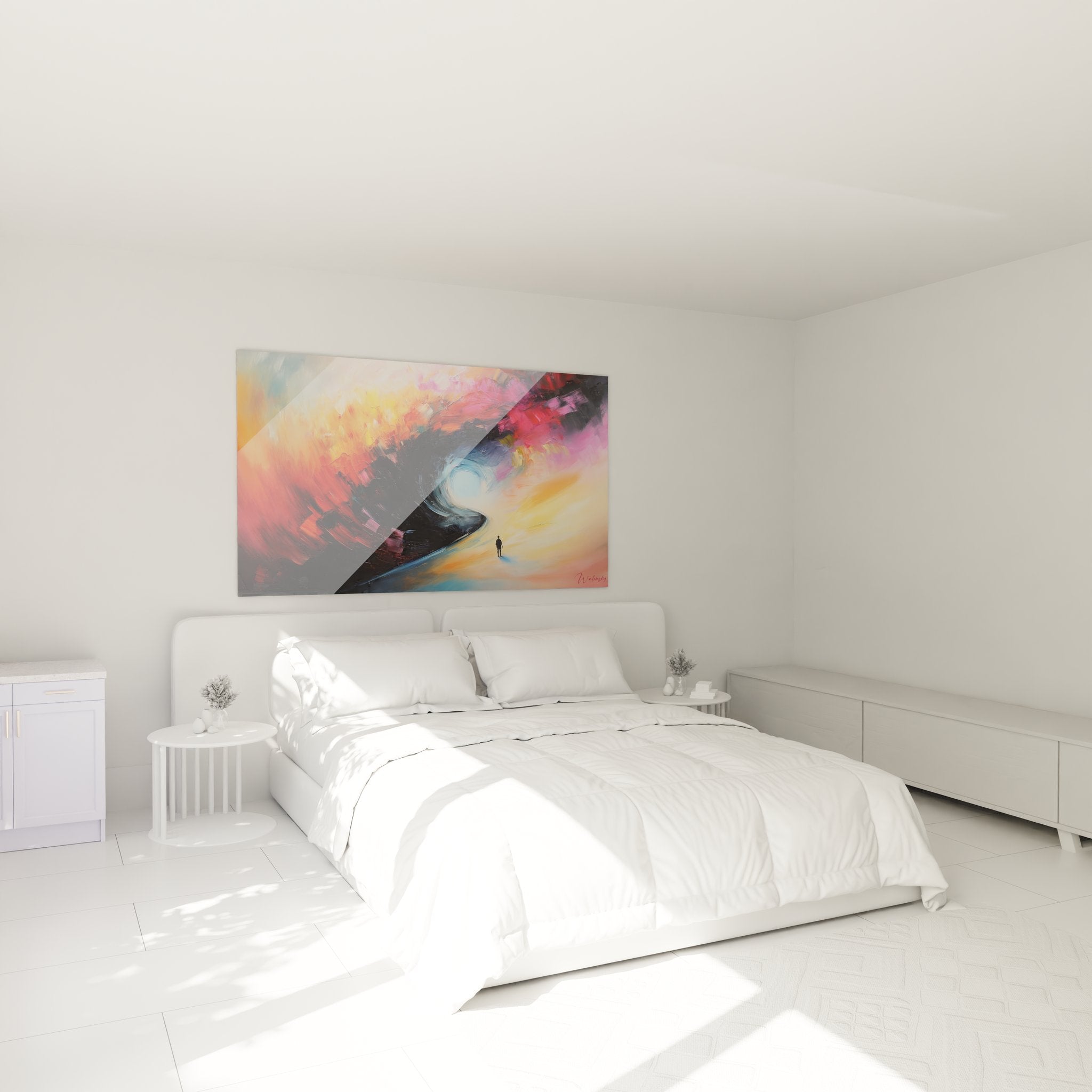 Ambiance chambre avec tableau spirale abstraite cosmique décorant mur moderne design contemporain