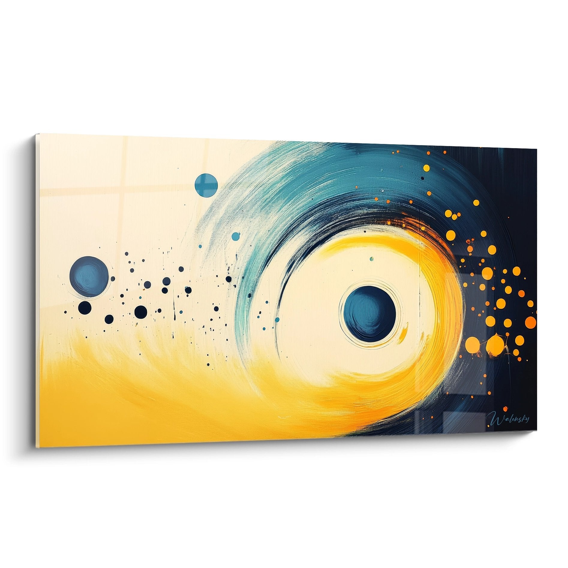 Tableau spirale cosmique dorée avec vortex bleu et particules orangées sur fond abstrait moderne