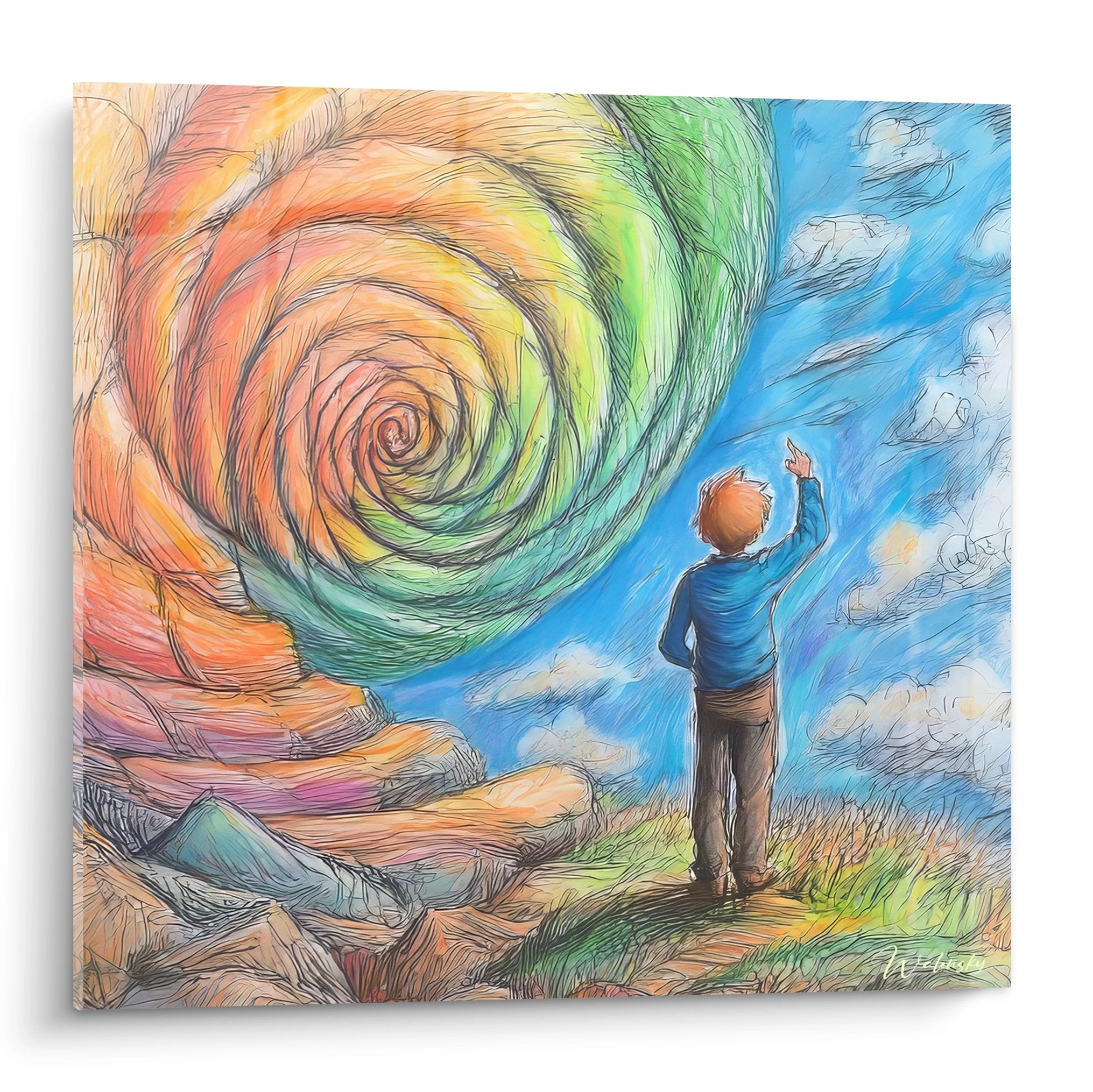 Tableau spirale abstrait enfant contemplant tourbillon cosmique coloré rouge orange vert bleu