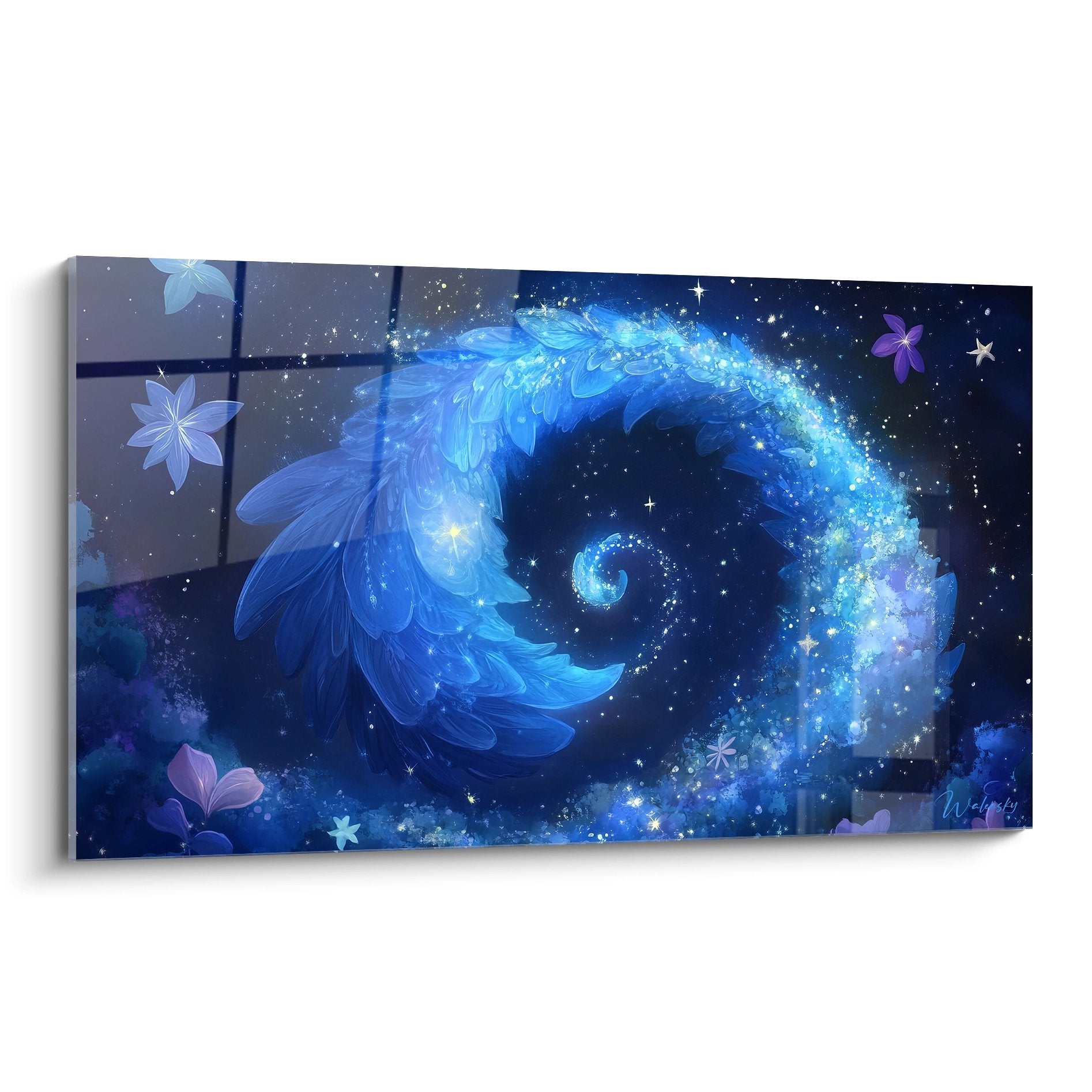 Tableau spirale cosmique bleue avec pétales flottants et étoiles scintillantes sur fond nocturne