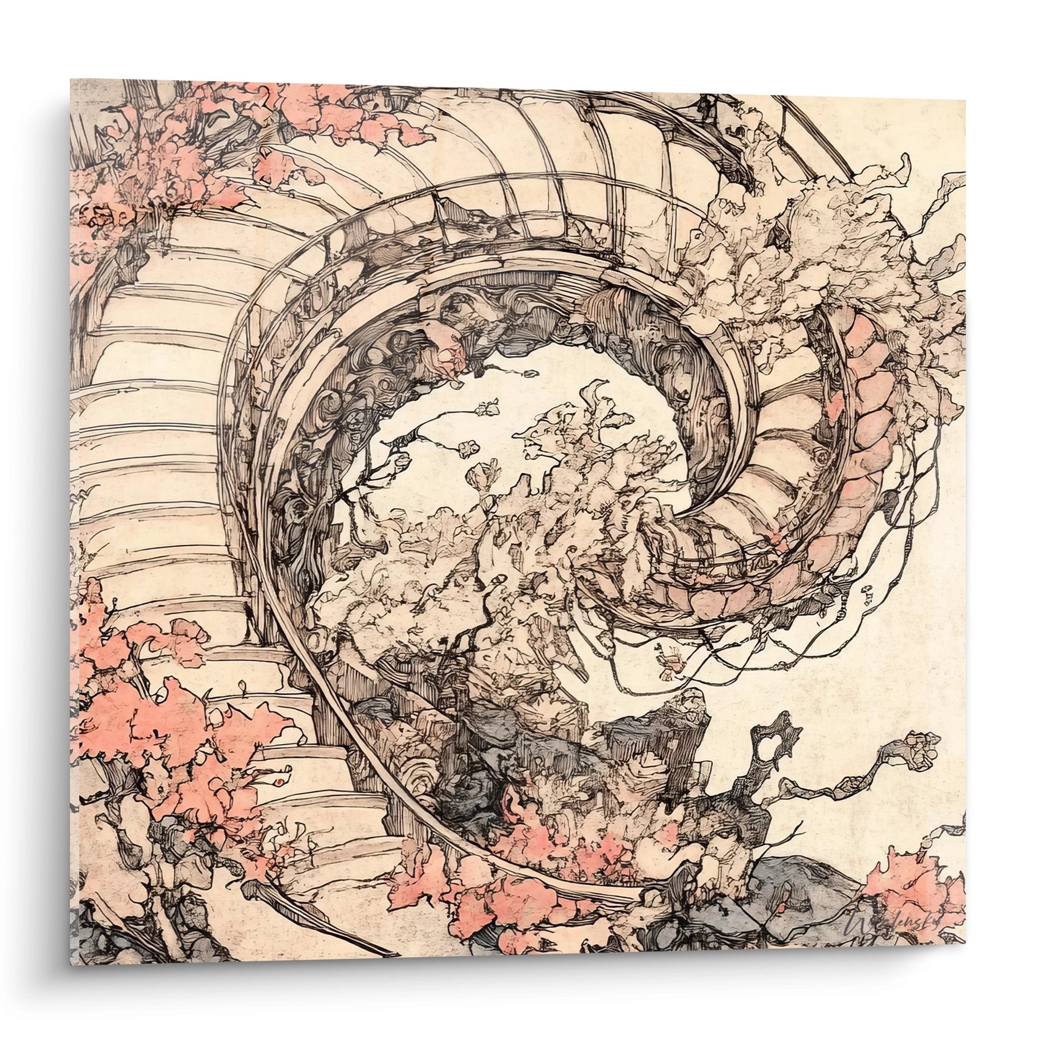 Tableau mural spirale cosmique avec motifs floraux roses et architecture en vortex