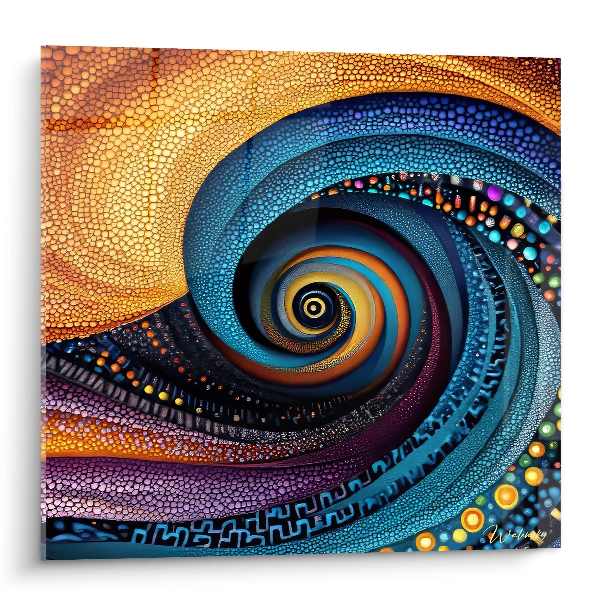 Tableau spirale cosmique hypnotique aux couleurs vives, art abstrait pointilliste avec vortex mystique