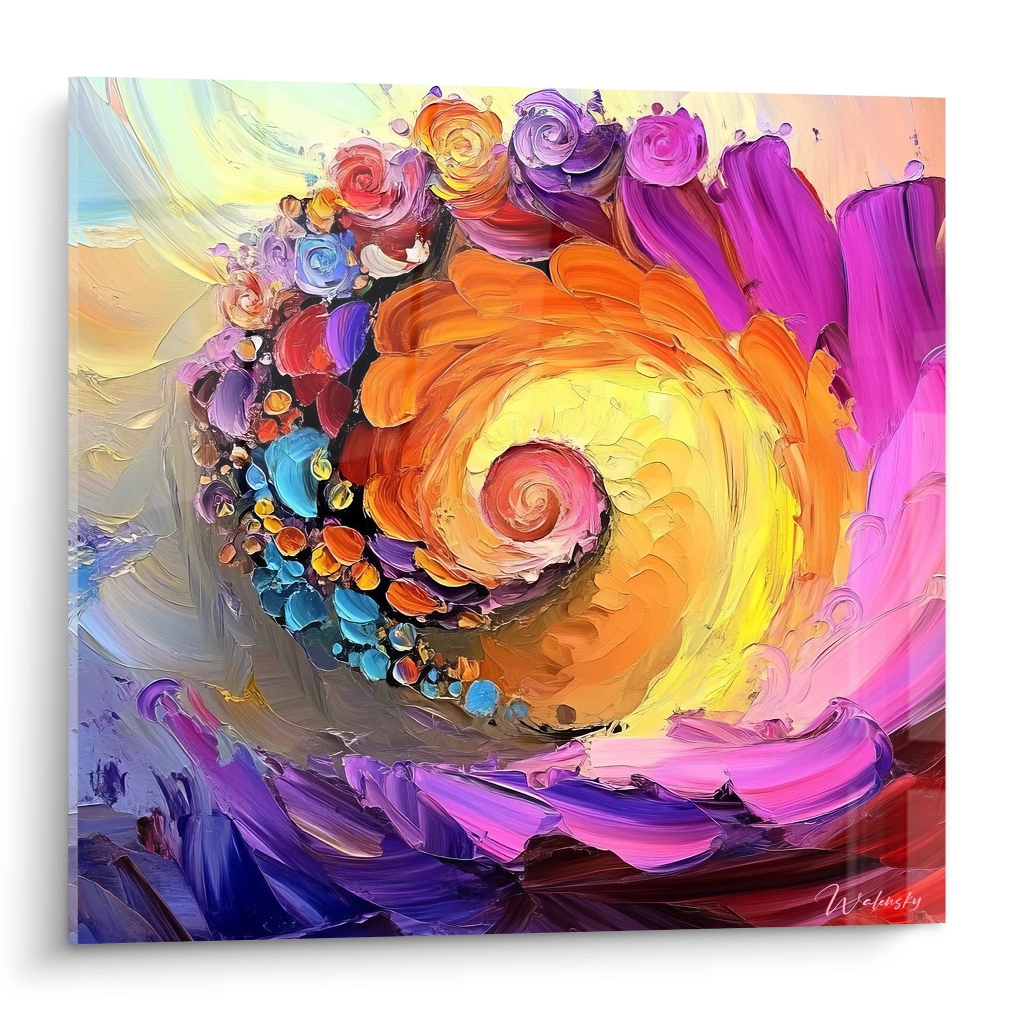 Tableau spirale cosmique multicolore aux tons oranges violets et dorés, art abstrait moderne pour décoration