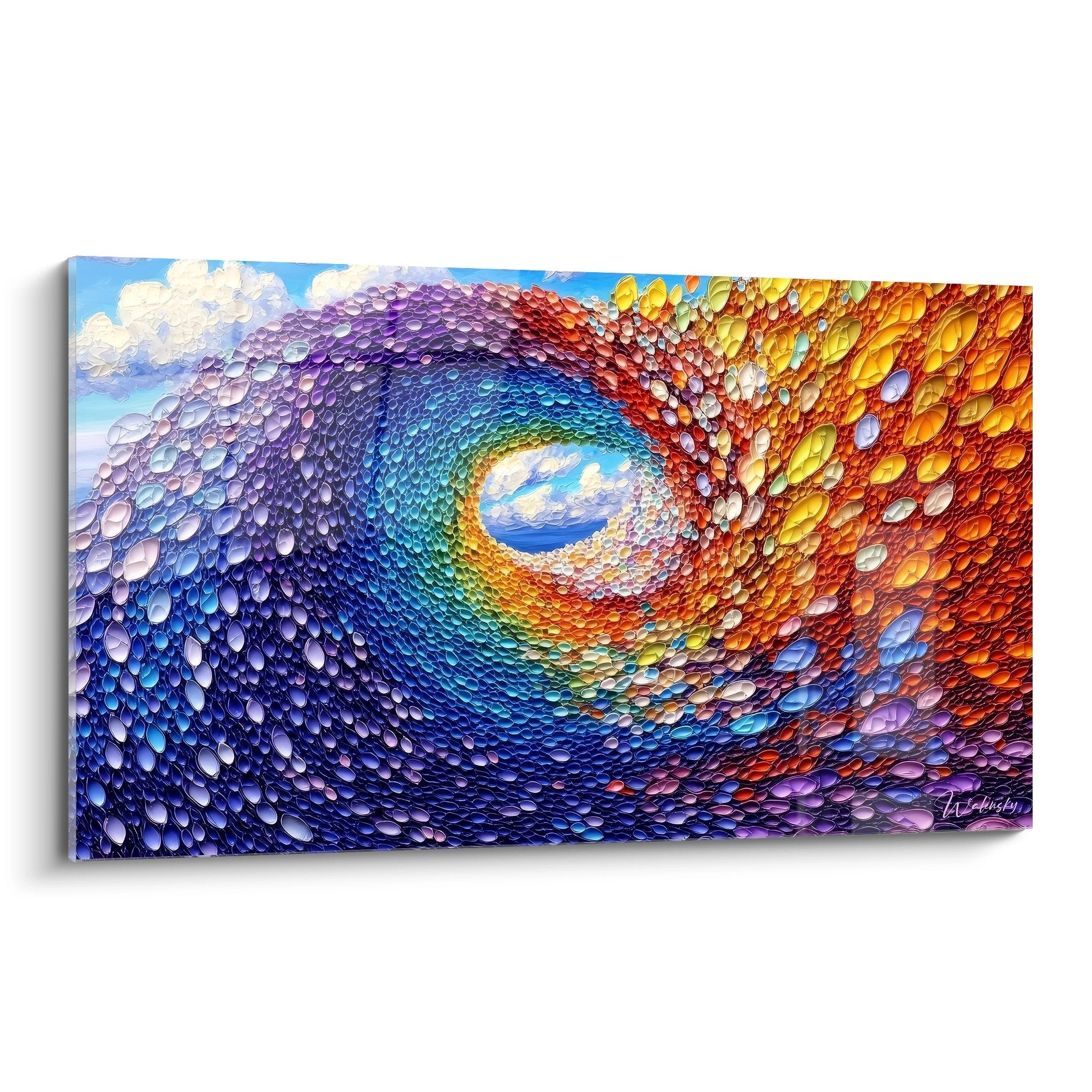 Tableau spirale cosmique multicolore avec vortex arc-en-ciel et particules colorées art mural abstrait