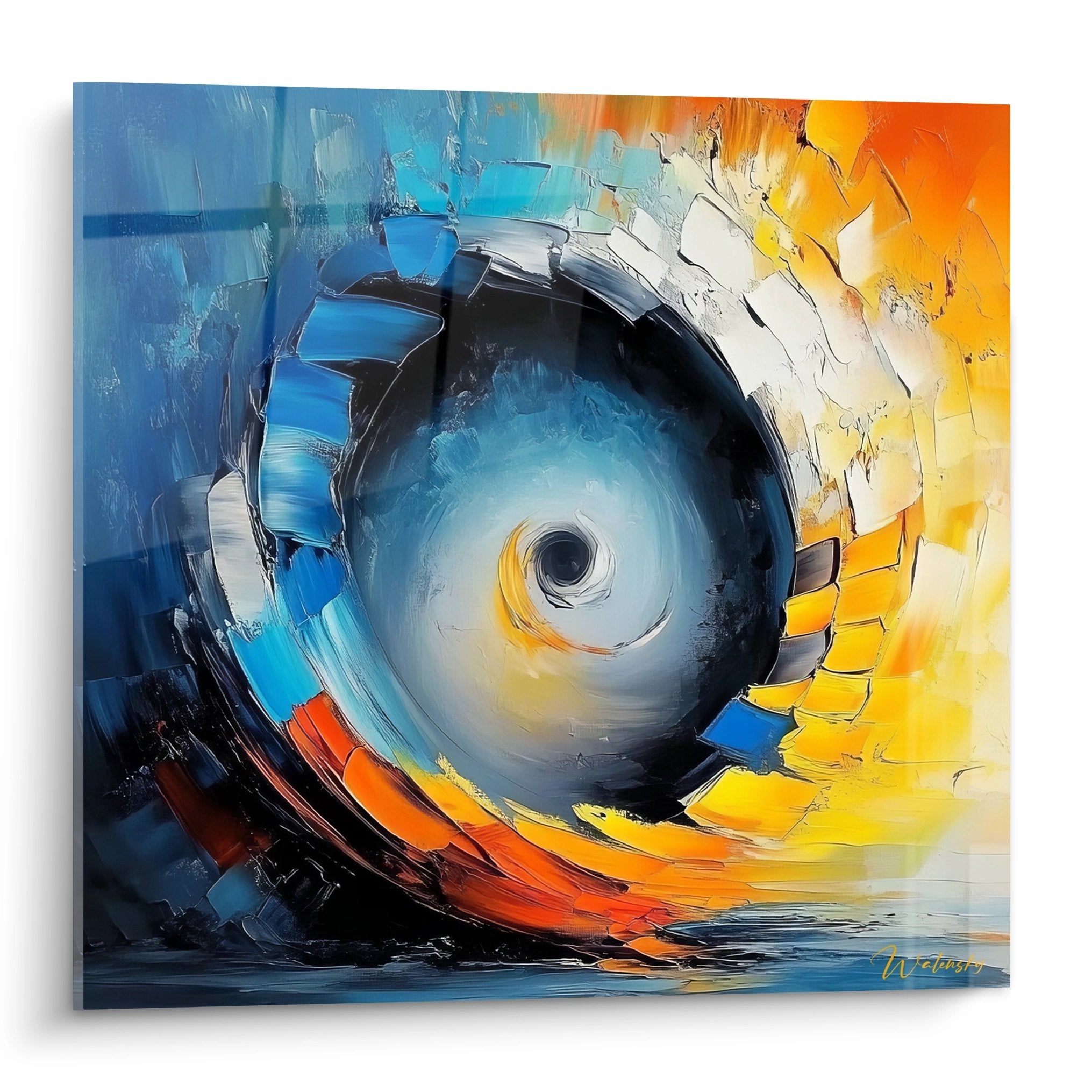 Tableau spirale abstraite orange et bleue avec vortex cosmique - art mural moderne décoratif