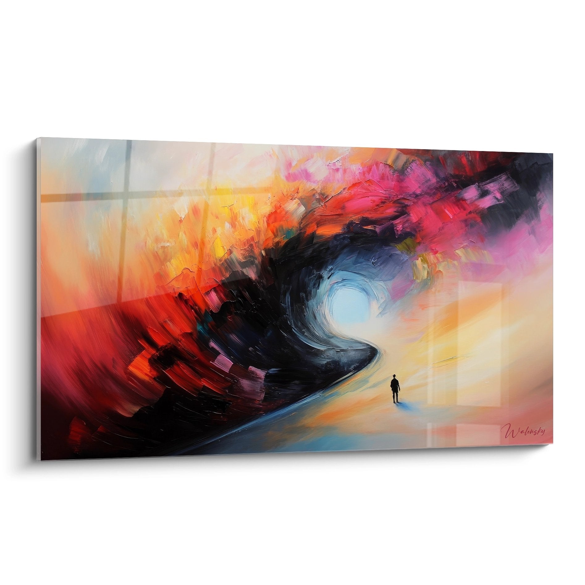 Tableau mural spirale cosmique abstraite avec silhouette humaine et couleurs vibrantes orange rose bleu
