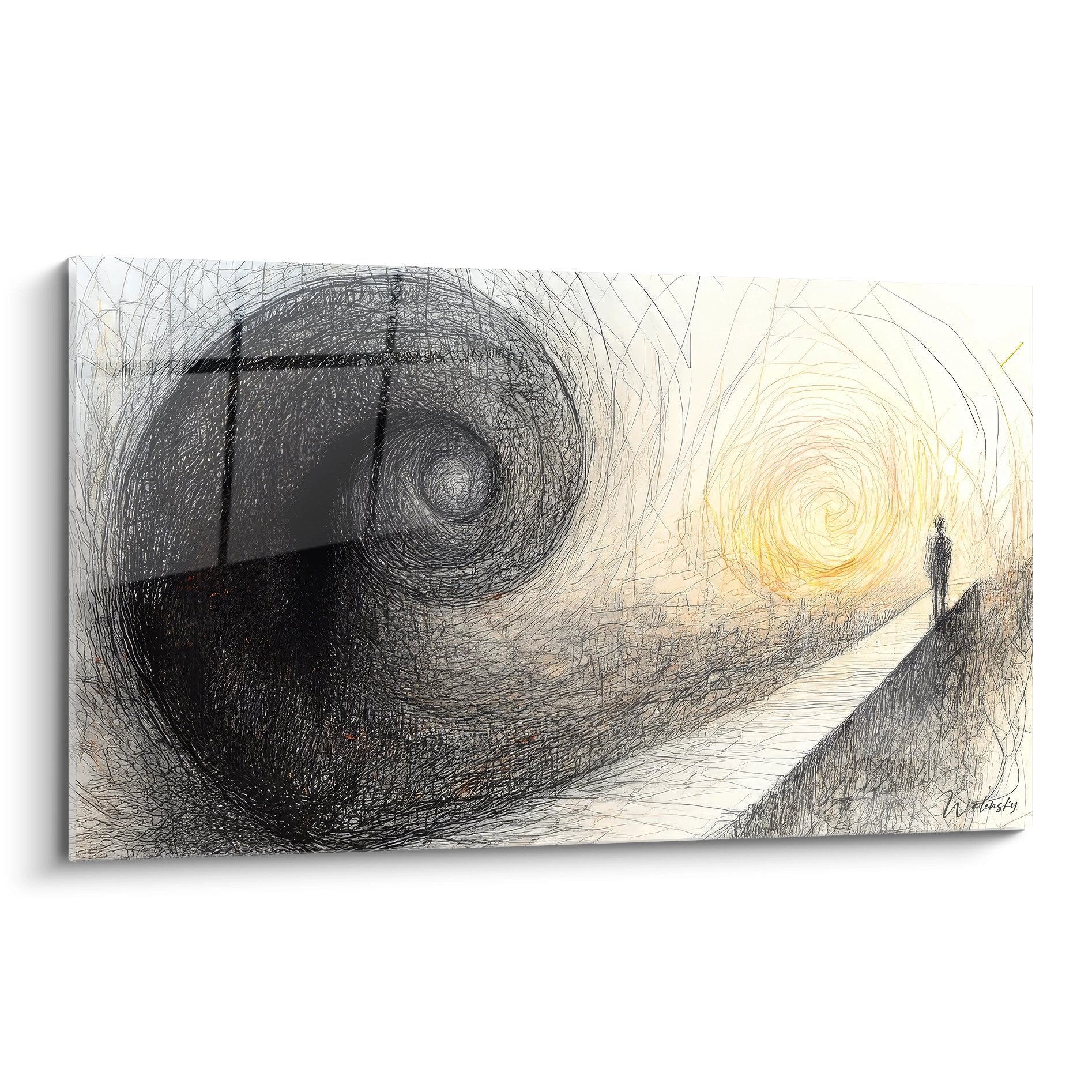 Tableau mural spirale cosmique avec silhouette contemplant tourbillons dorés et noirs art abstrait moderne