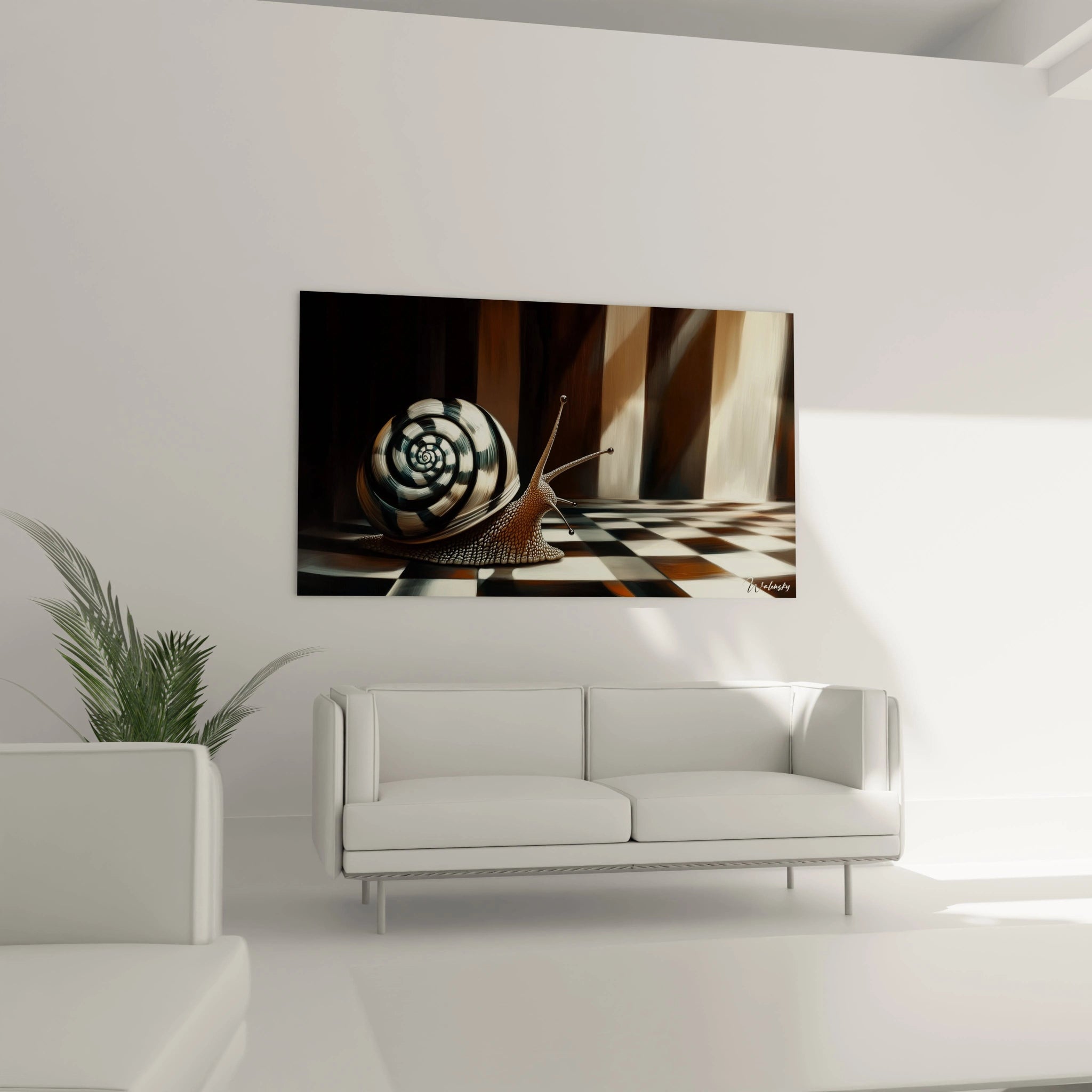 Un tableau artistique abstrait illustrant un escargot immobile sur un sol damier noir et beige, éclairé par des rayons lumineux, avec une coquille en spirale contrastée.