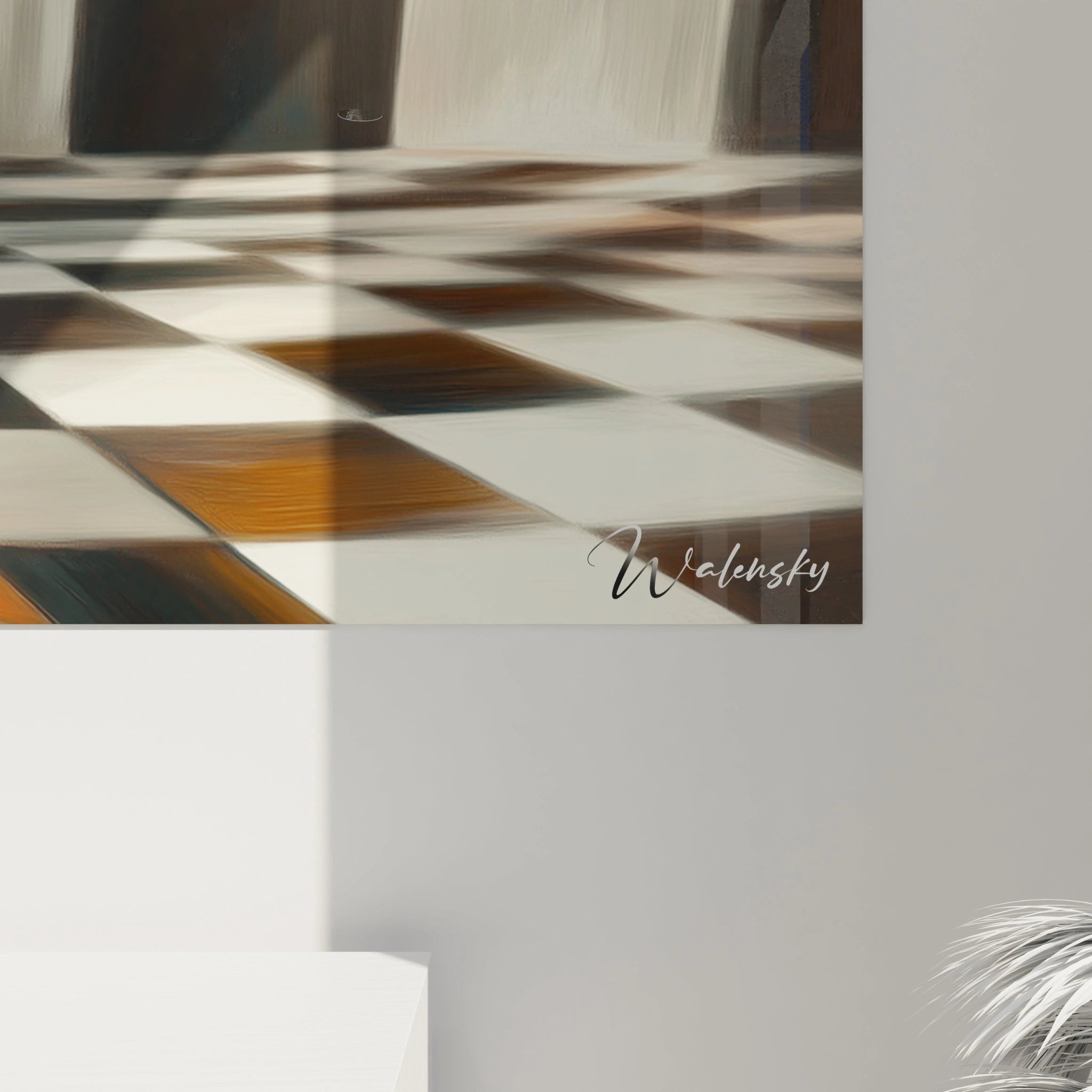 Tableau surréalisme abstrait centré sur un escargot détaillé, des lignes géométriques en damier beige et noir, et des effets lumineux sur un arrière-plan sombre.