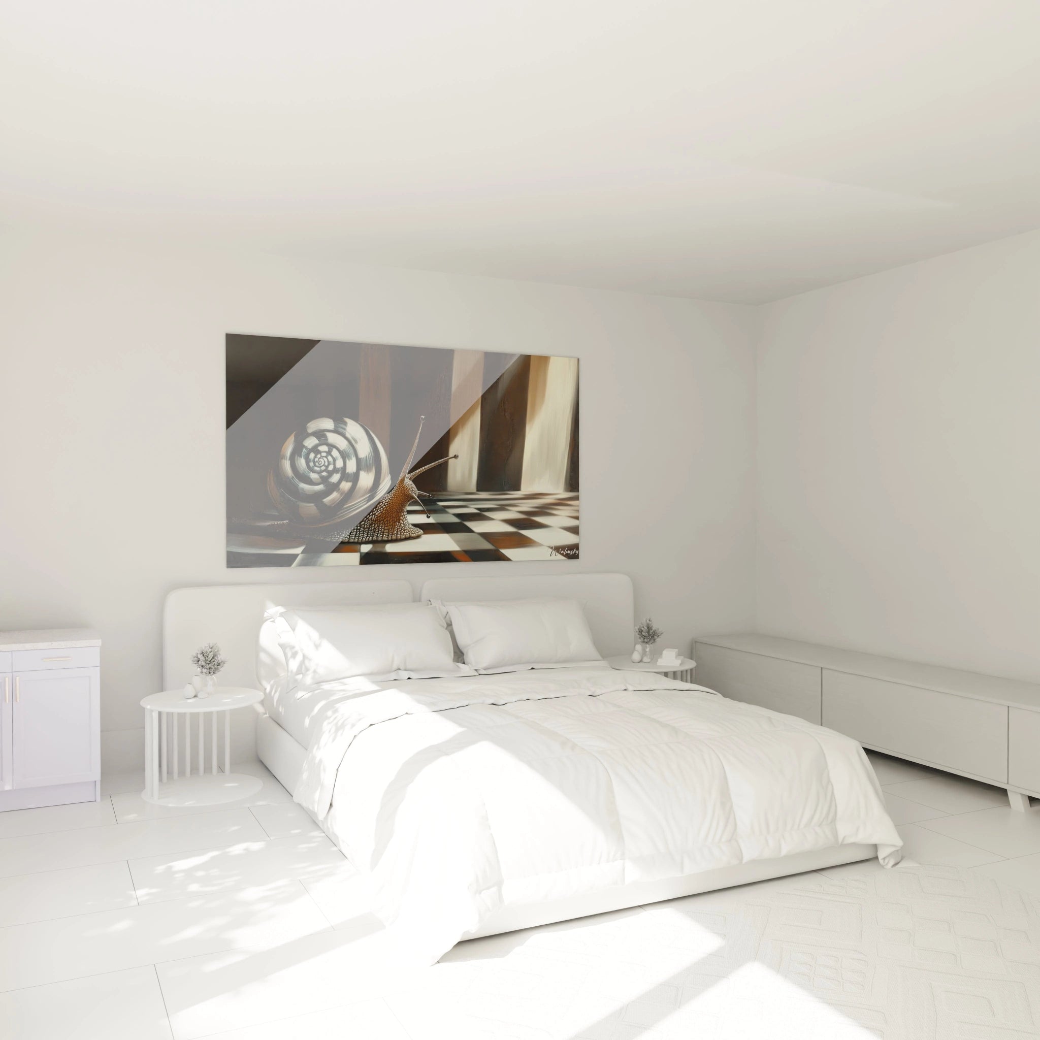 Tableau surréalisme abstrait montrant un escargot sur un fond avec des motifs en damier noir et beige, des textures granuleuses et des jeux d'ombres et de lumière.